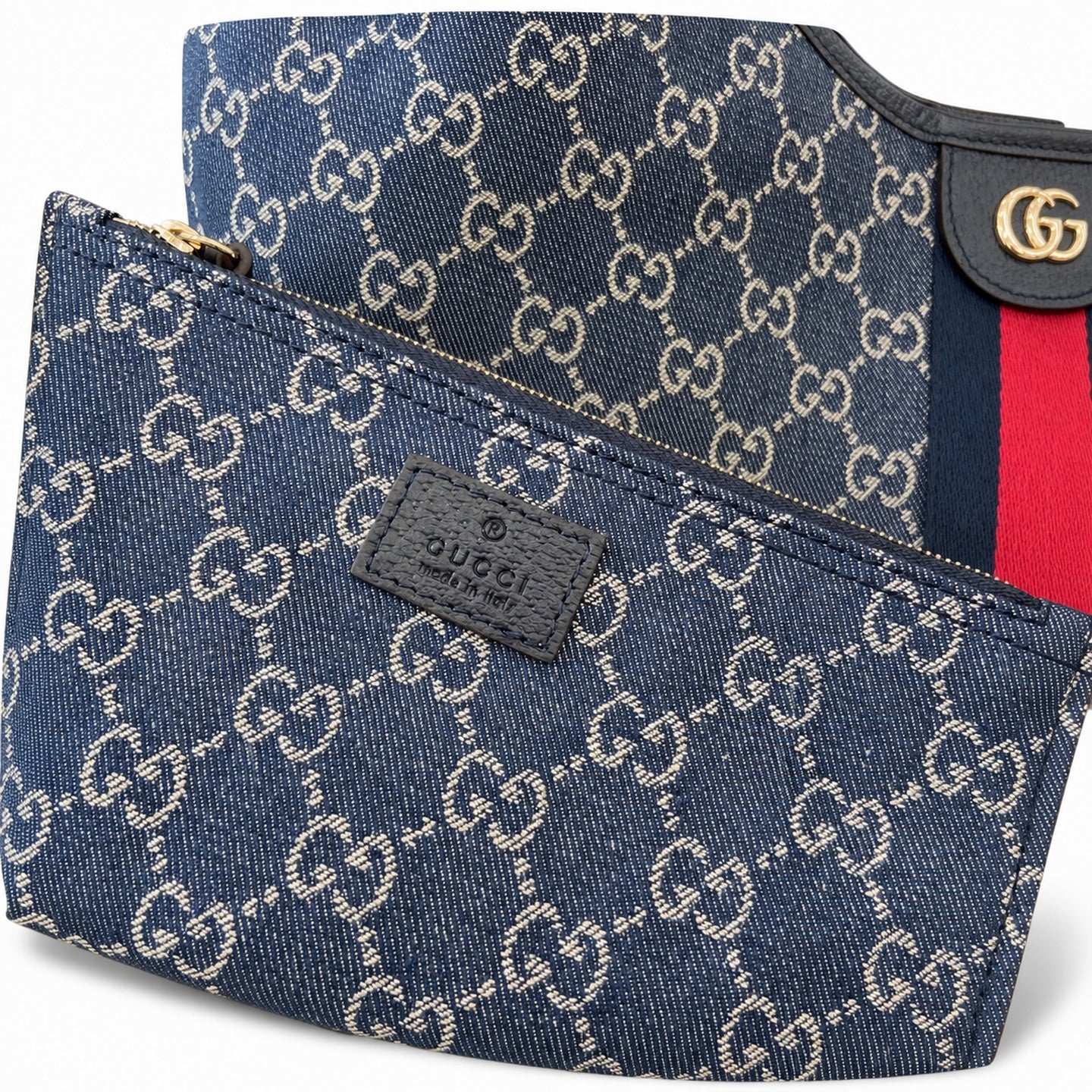 Gucci Giglio Cotton Denim Leather White Brown Red Blue Gold Tote Bag