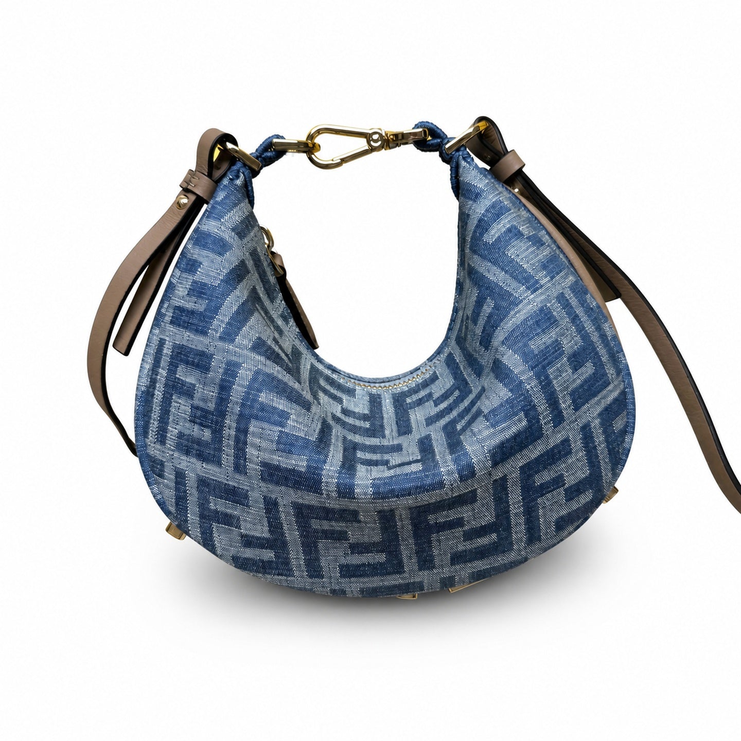 Fendi Mini Denim Leather Beige Blue Gold Hobo Bag