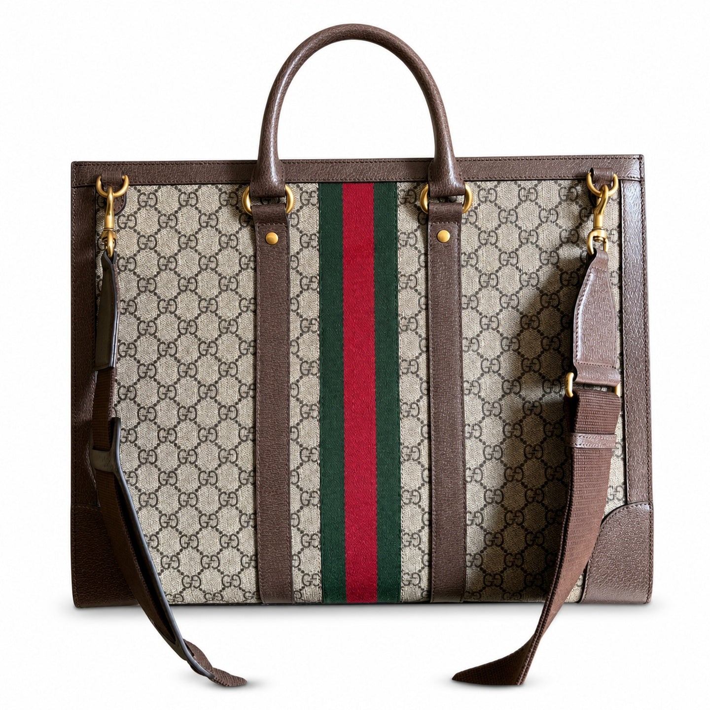 Gucci Ophidia Supreme Large Cotton Canvas Leather Beige Brown Red Green Gold Shopping Bag