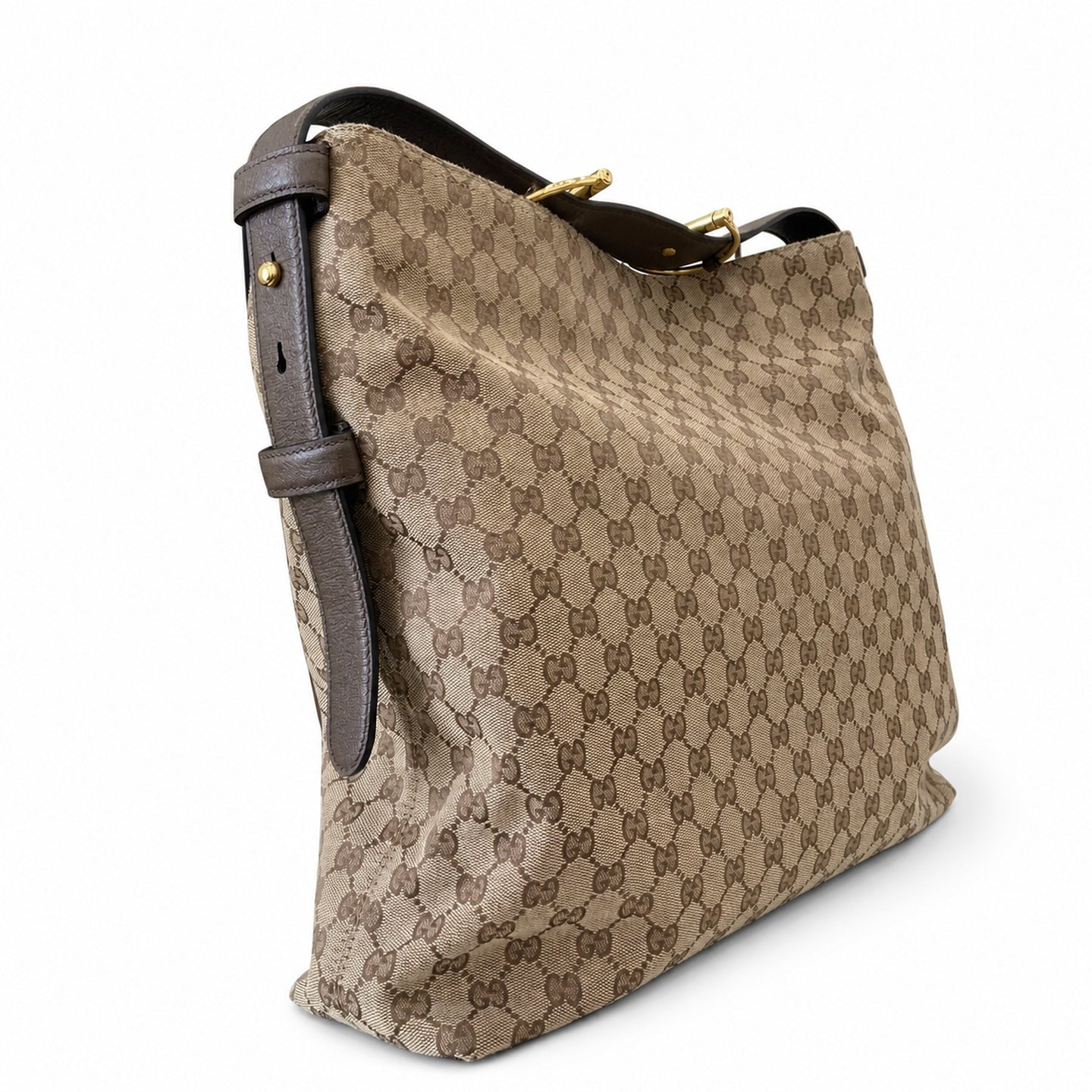 Gucci Horsebit Cotton Canvas Leather Beige Brown Green Gold Handbag