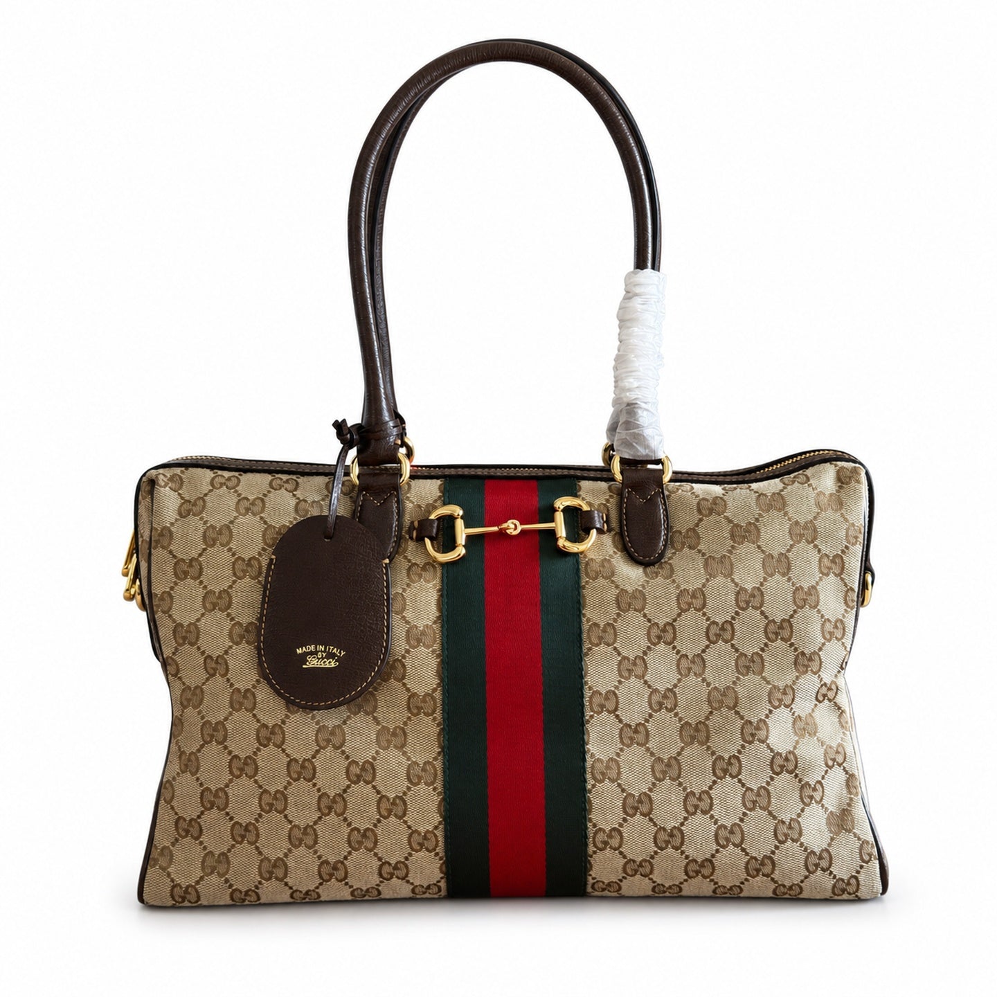 Gucci Horsebit Double Zip Canvas Leather Black Brown Gold Handbag