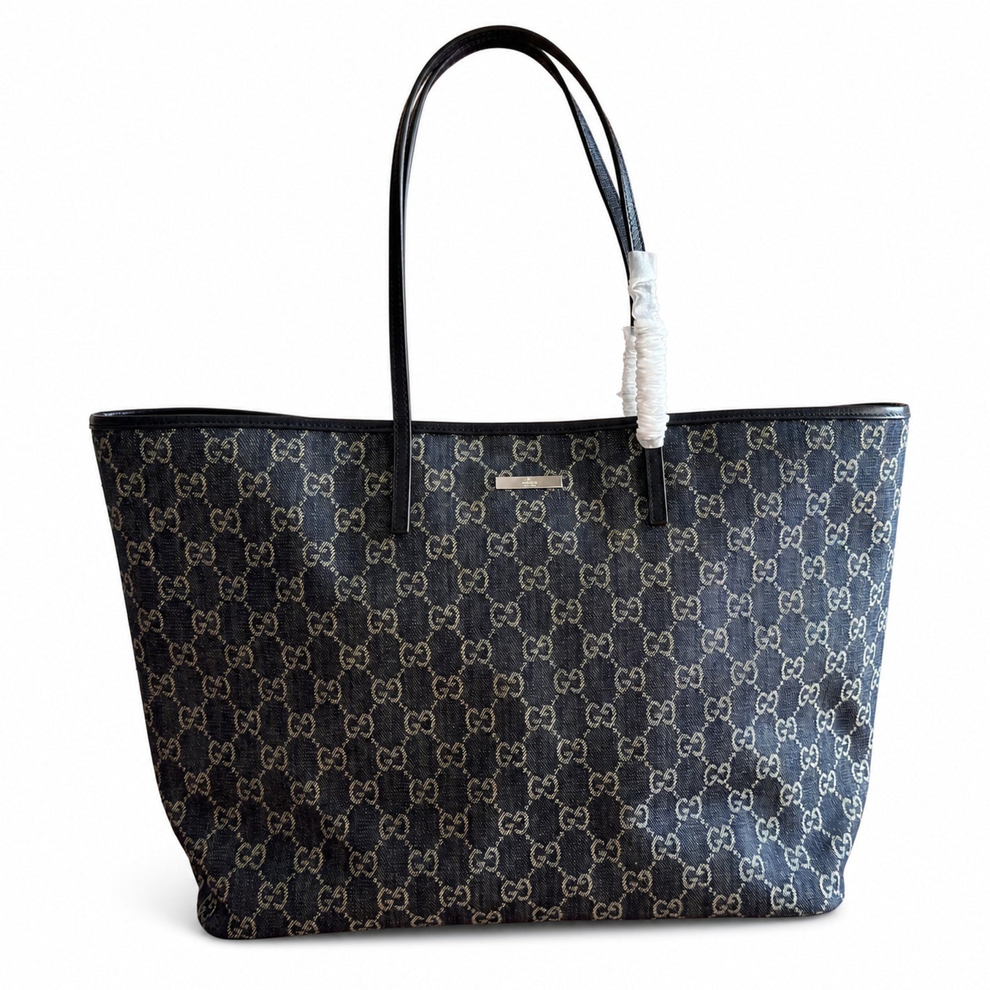Gucci Cotton Denim Canvas Leather Brown Blue Gold Tote Bag