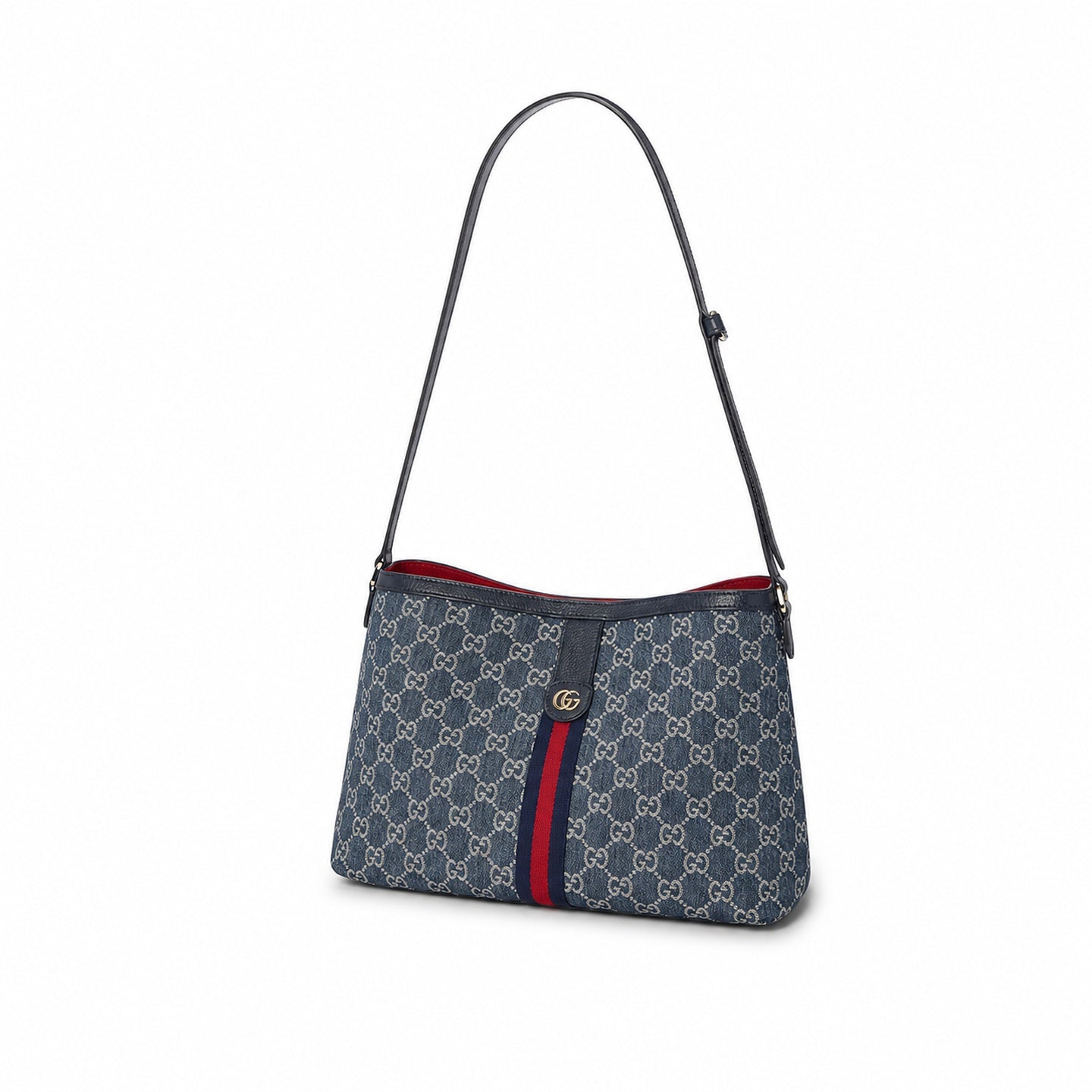 Gucci Giglio Small Cotton Denim Canvas Leather White Brown Red Blue Gold Tote Bag