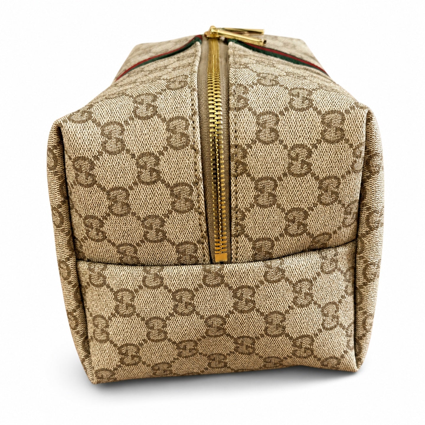 Gucci Cotton Canvas Leather Brown Gold Boston Bag