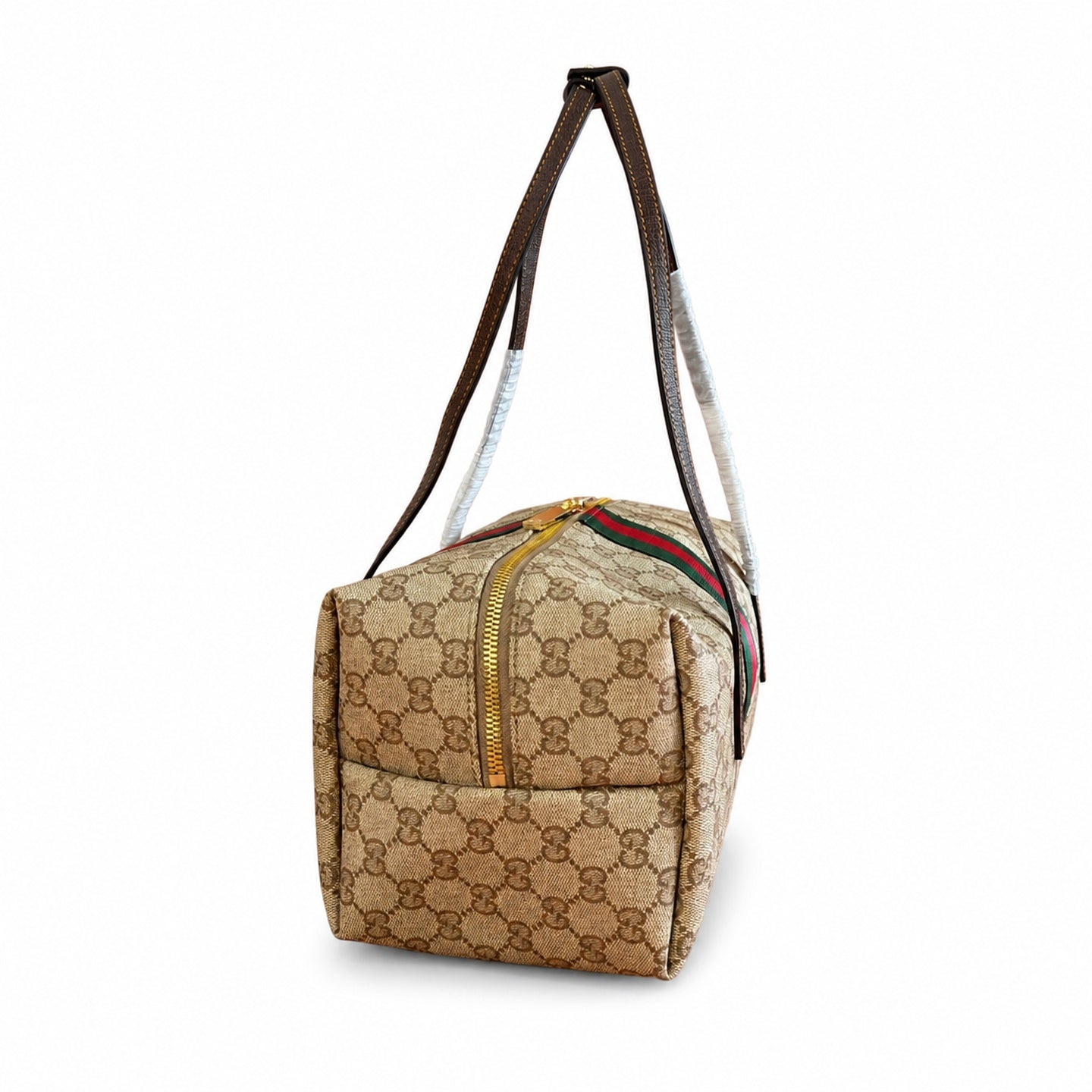 Gucci Cotton Canvas Leather Brown Gold Boston Bag