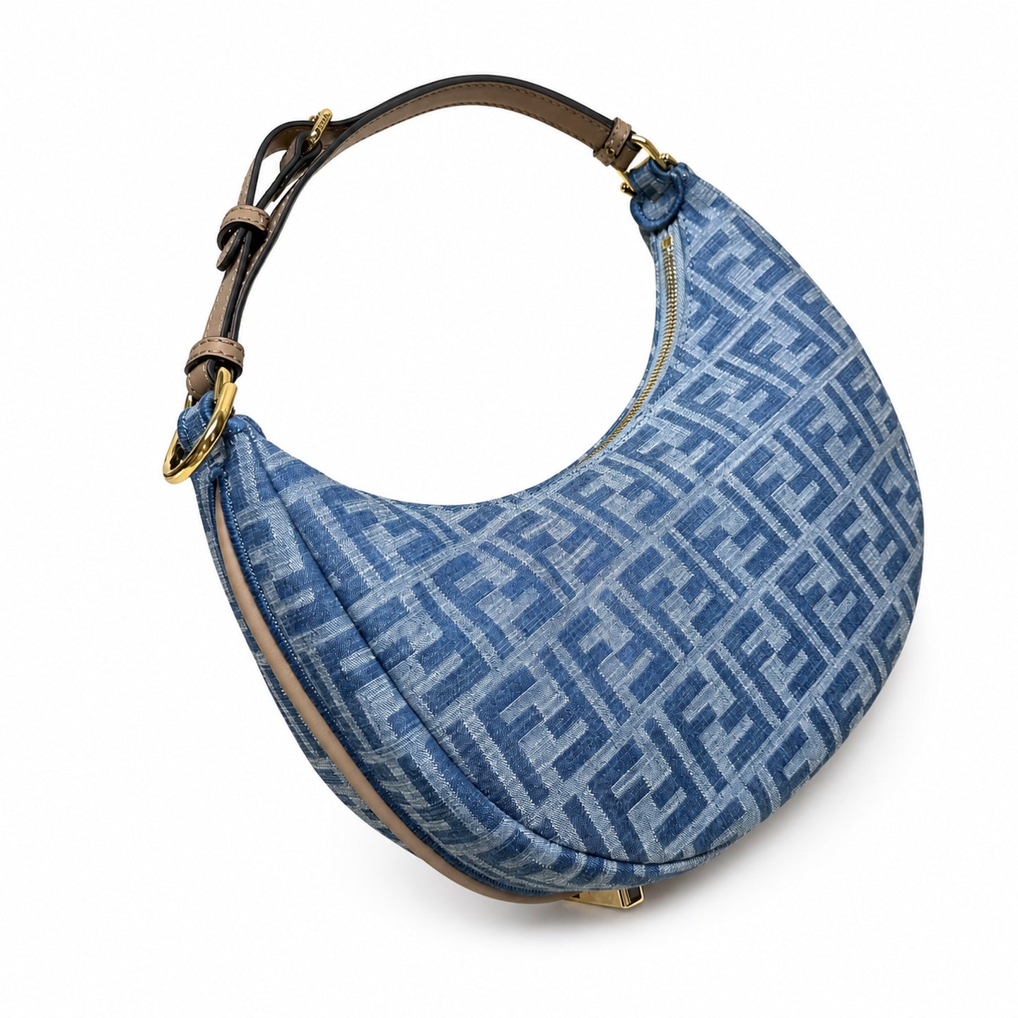 Fendi Fendigraphy Small Denim Leather Beige Blue Gold Hobo Bag