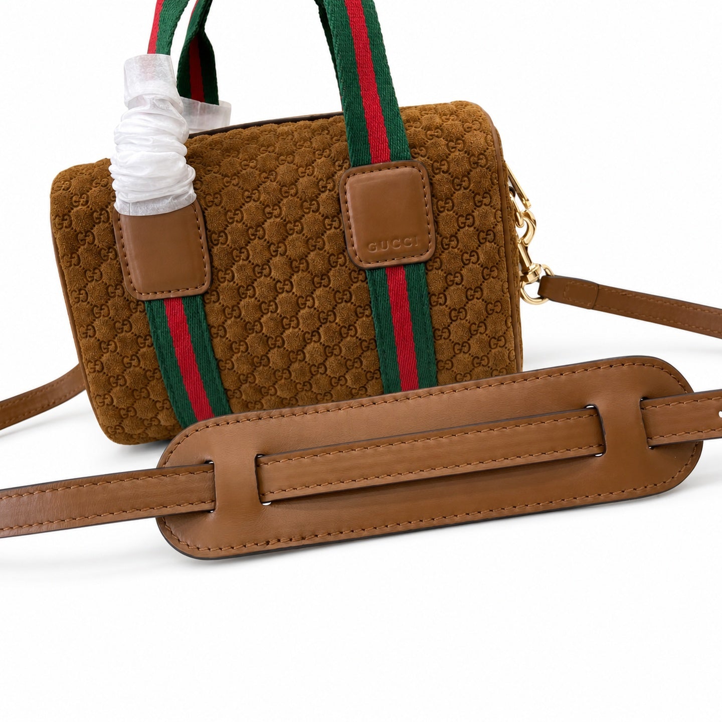 Gucci Mini Cotton Denim Suede Leather Brown Gold Handbag