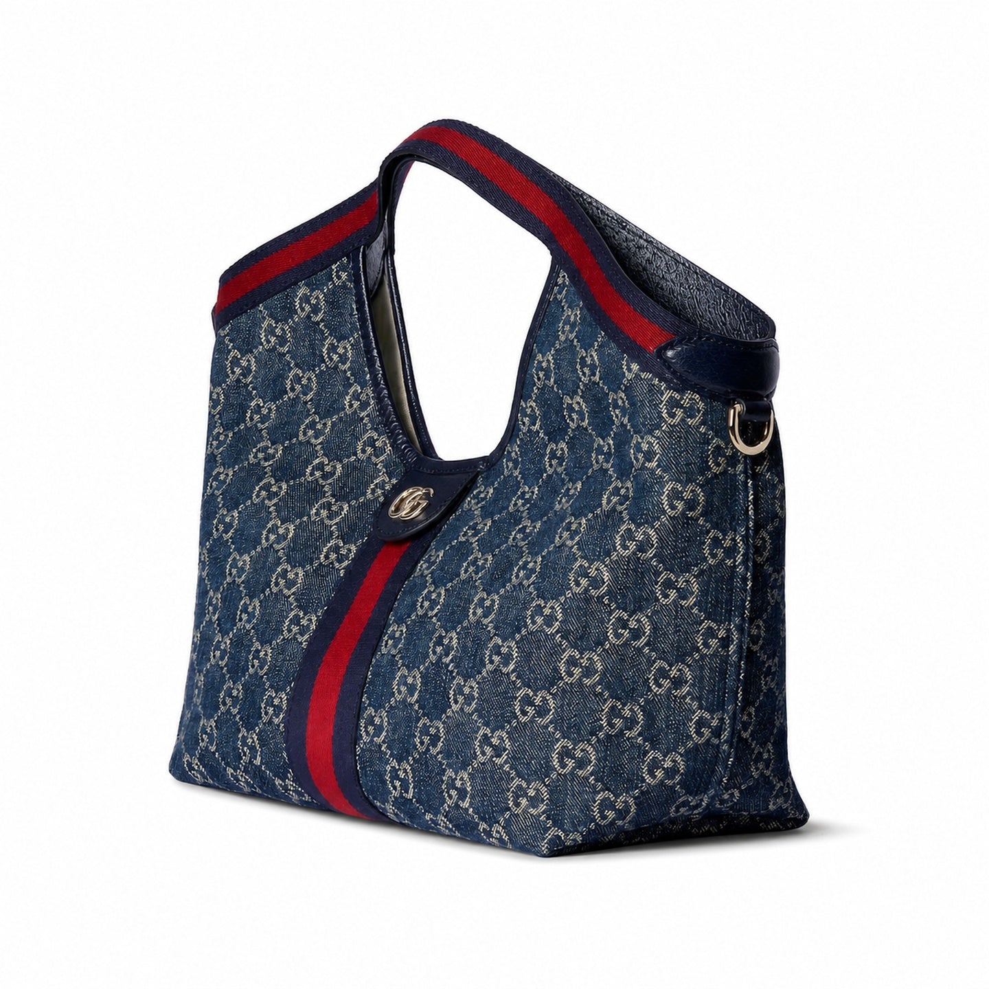 Gucci Giglio Small Cotton Denim Canvas Leather White Brown Red Blue Gold Tote Bag