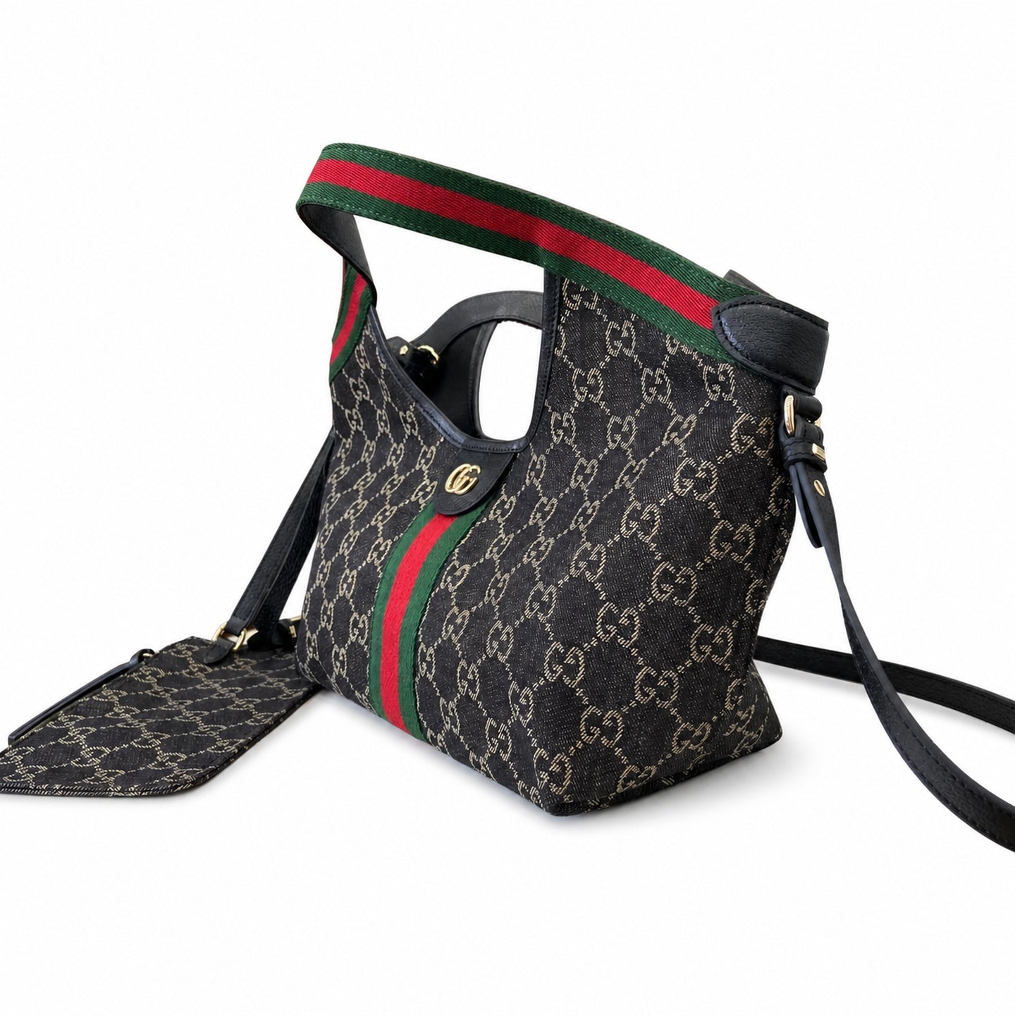 Gucci Giglio Small Cotton Denim Canvas Leather Black White Red Green Gold Tote Bag