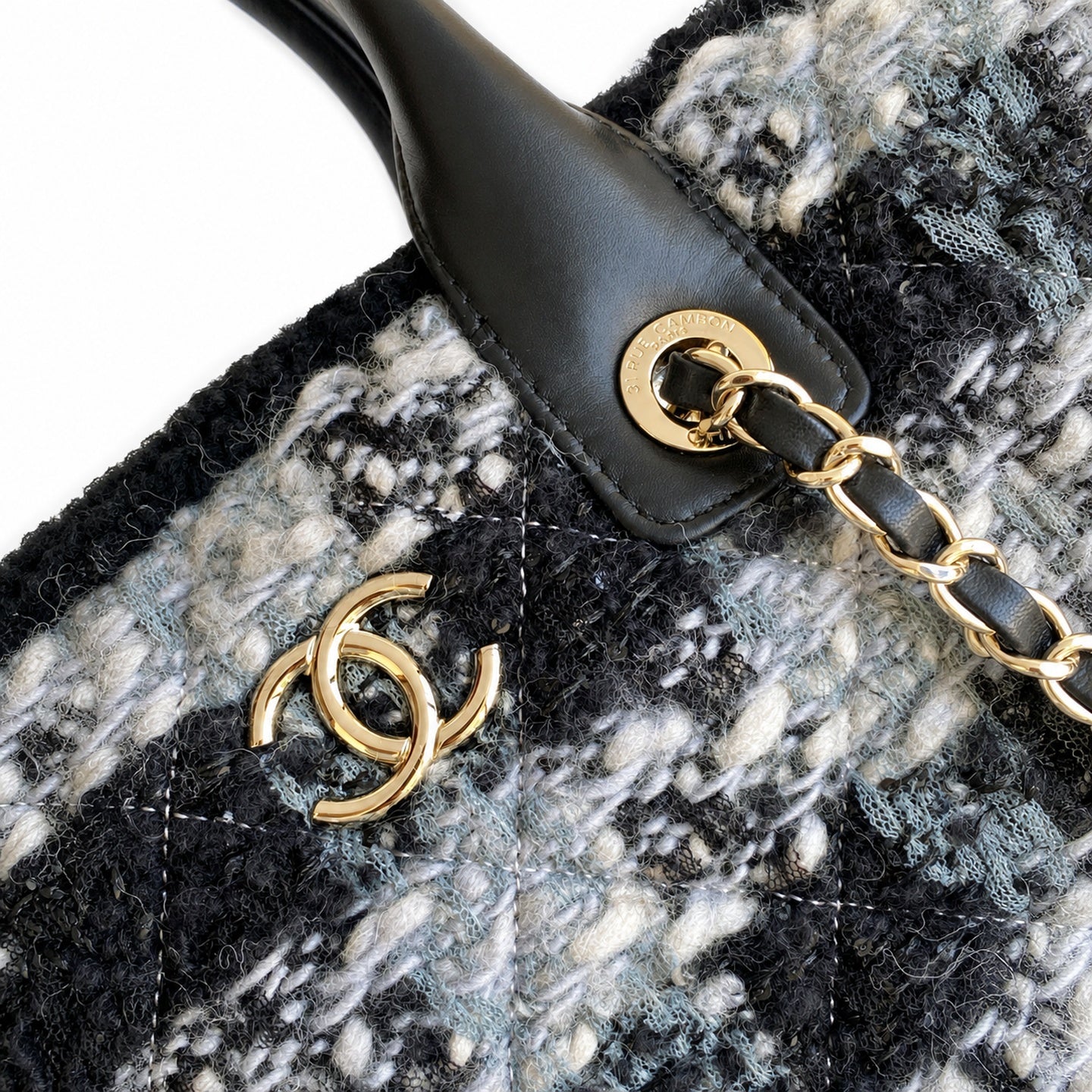 Chanel 25 Tweed Leather Check Black Gray Silver Handbag