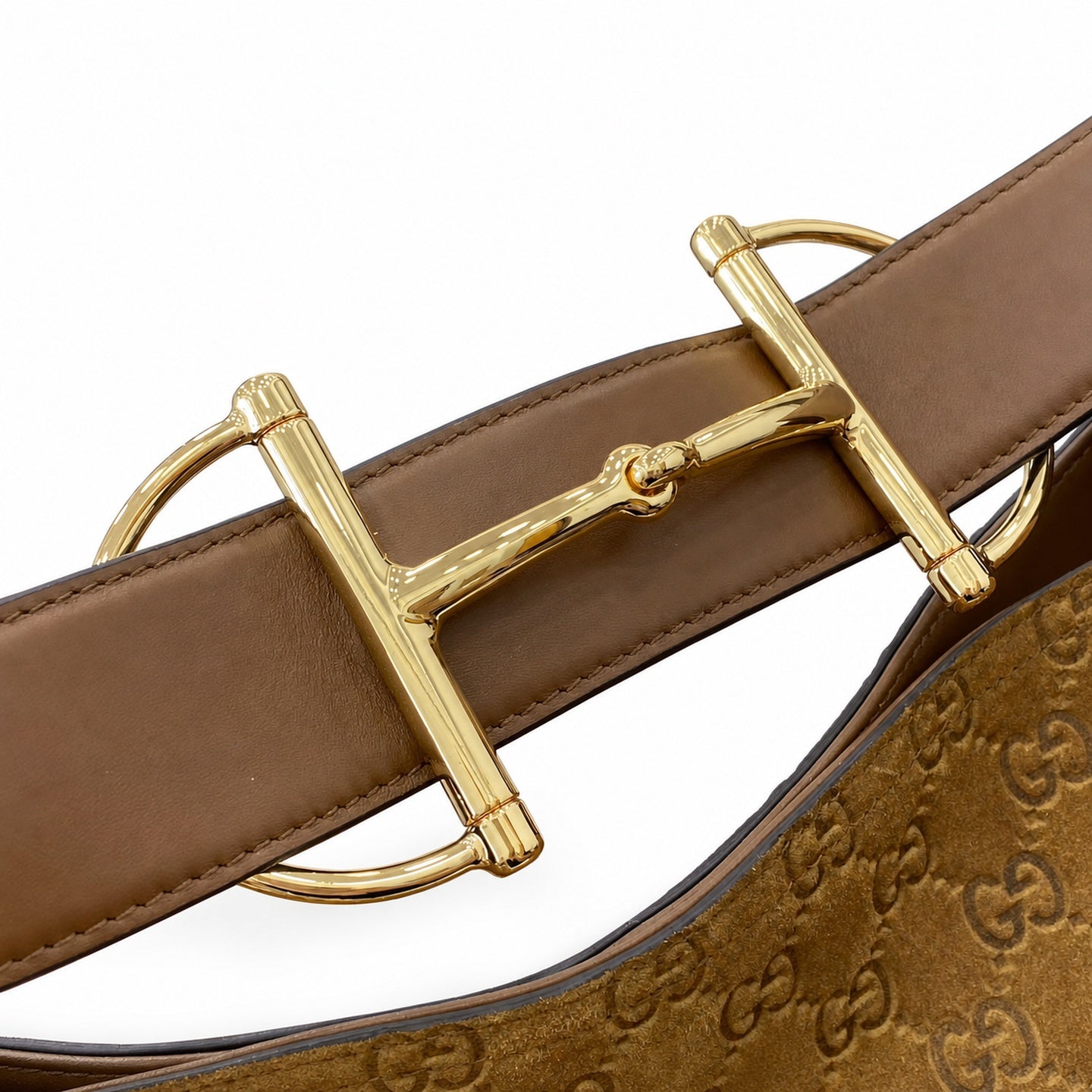 Gucci Horsebit Cotton Suede Leather Brown Gold Handbag