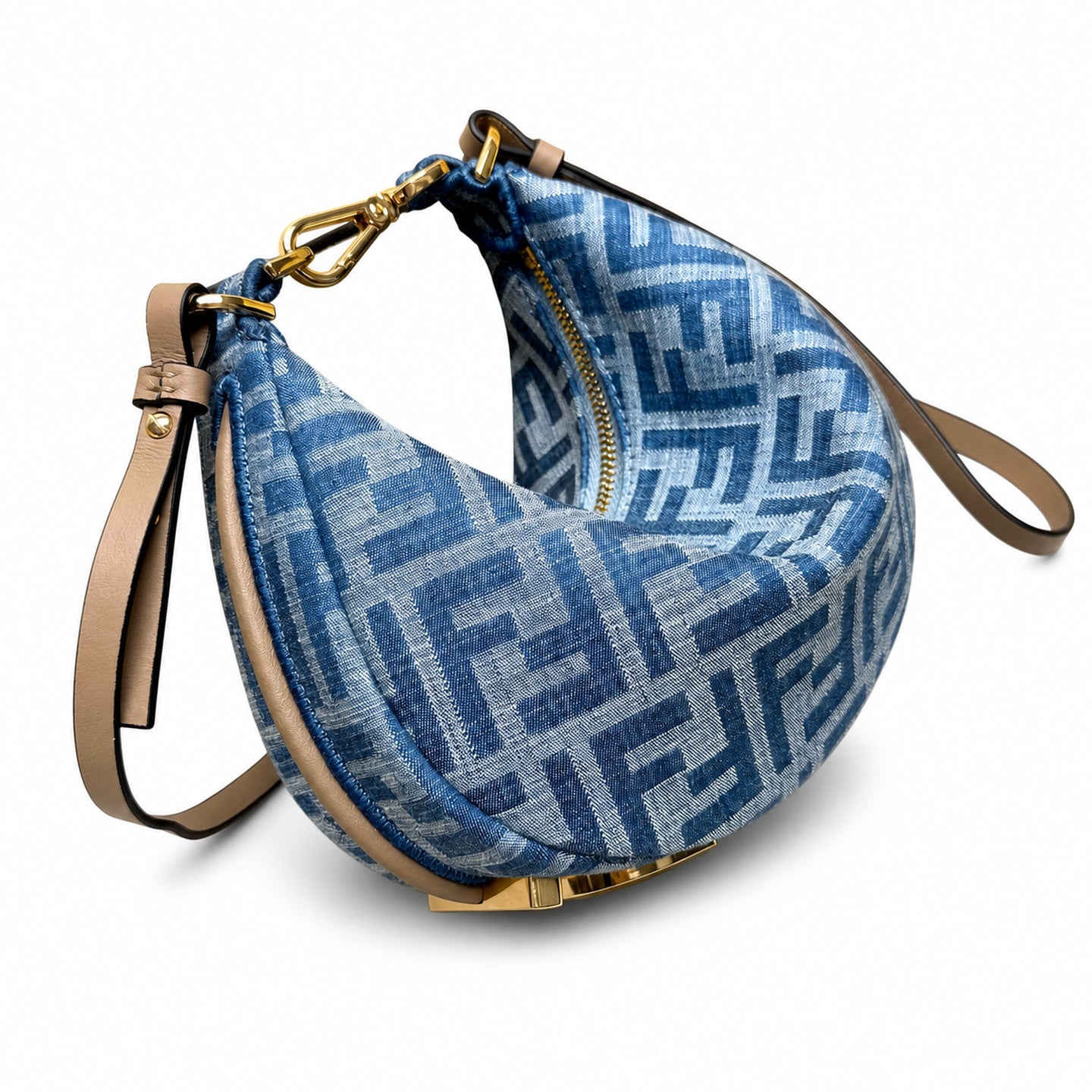 Fendi Mini Denim Leather Beige Blue Gold Hobo Bag