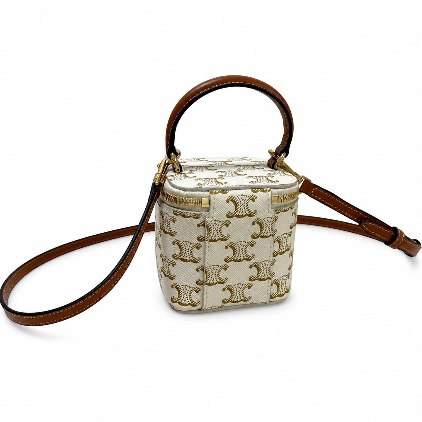 Celine Double Zip Small White Brown Bag