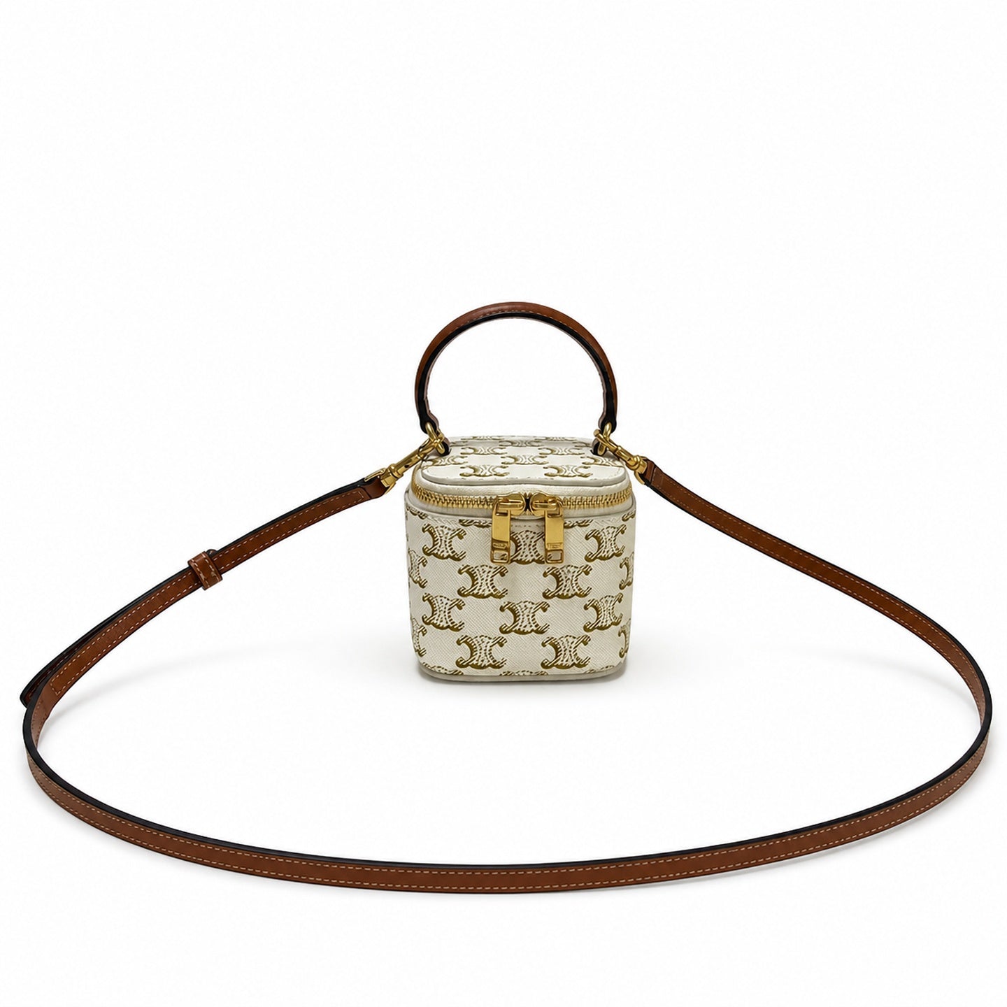 Celine Double Zip Small White Brown Bag