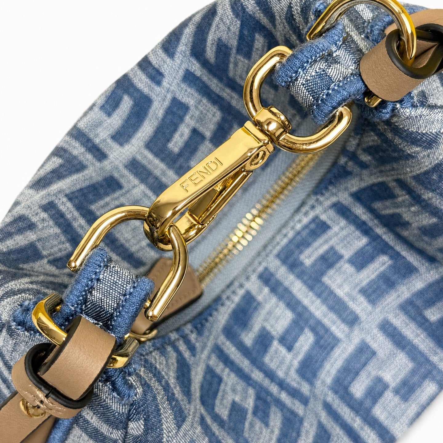Fendi Mini Denim Leather Beige Blue Gold Hobo Bag
