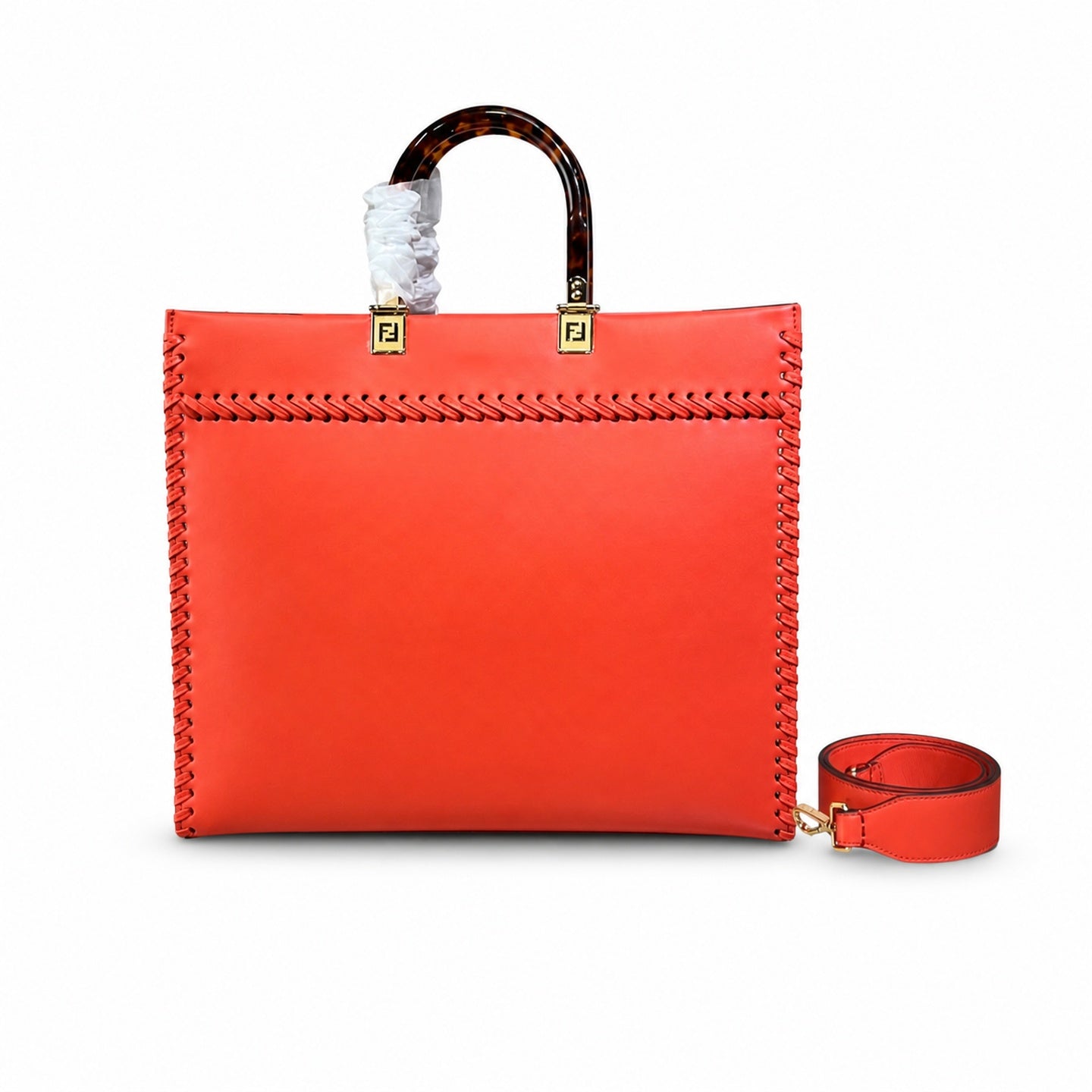 Fendi Sunshine Medium Embroidered Leather Red Orange Gold Tote Bag