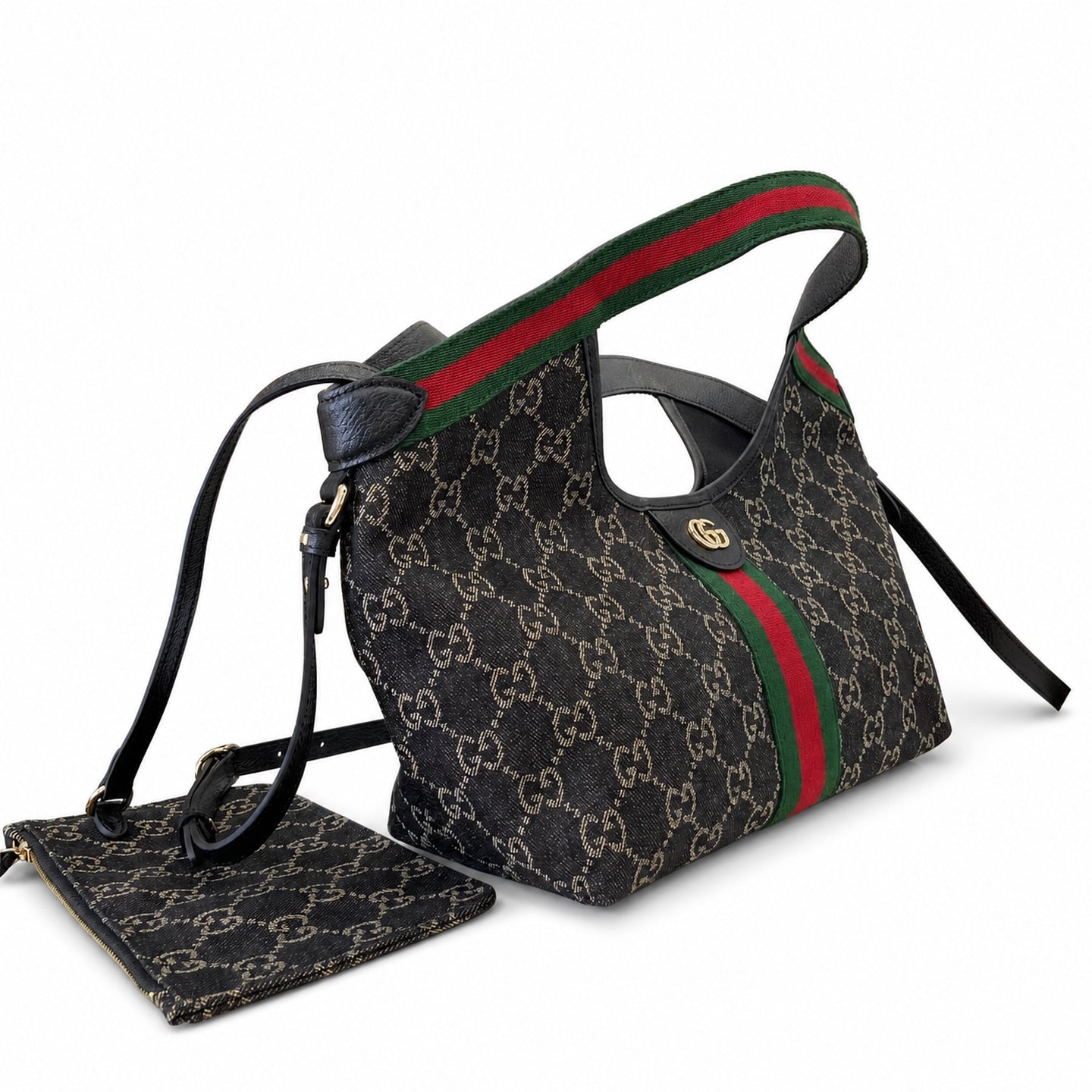 Gucci Giglio Small Cotton Denim Canvas Leather Black White Red Green Gold Tote Bag
