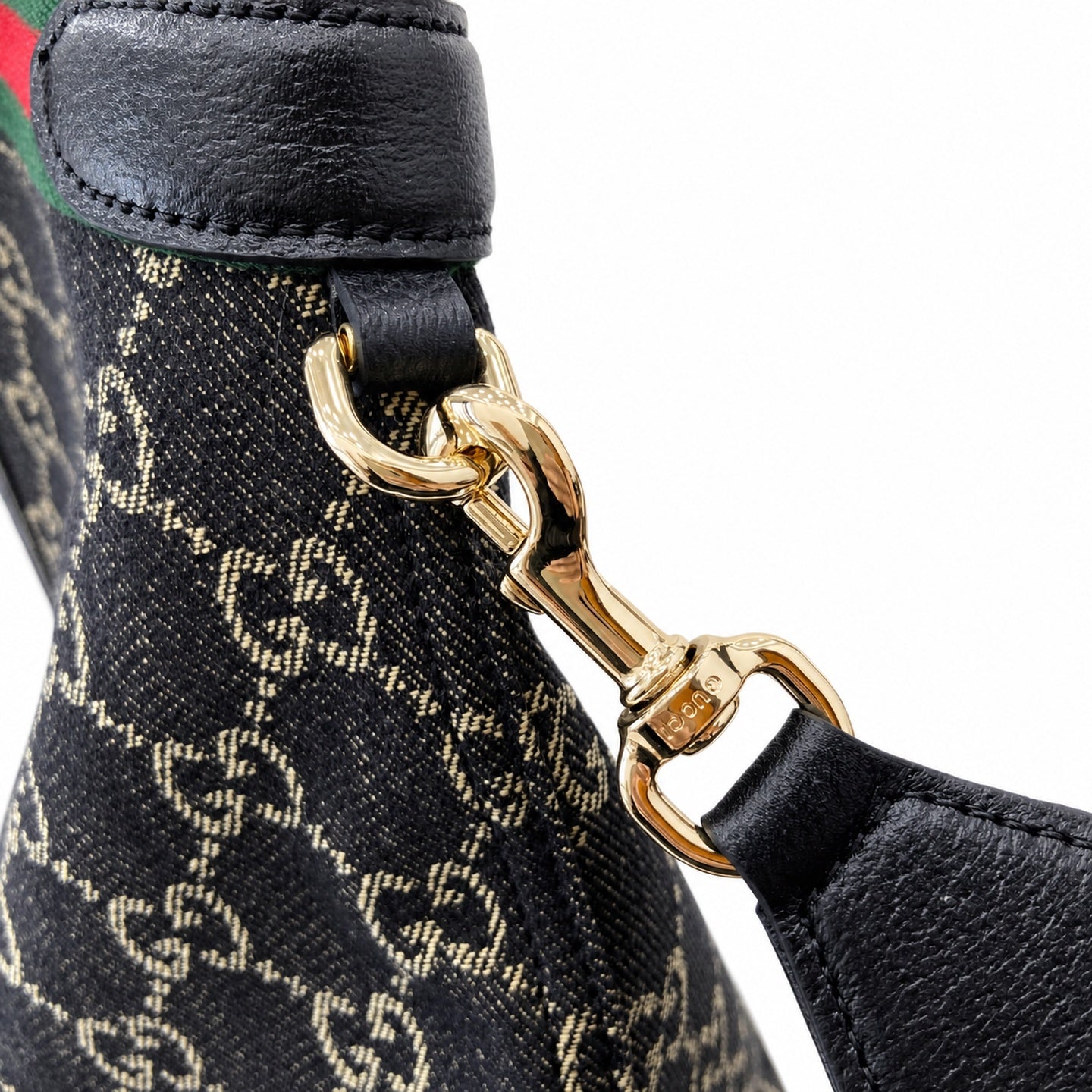 Gucci Giglio Cotton Denim Leather Black White Red Blue Gold Tote Bag