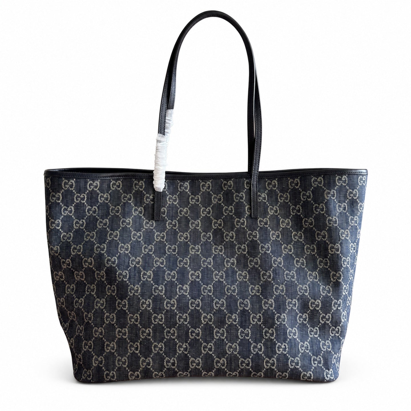 Gucci Cotton Denim Canvas Leather Brown Blue Gold Tote Bag