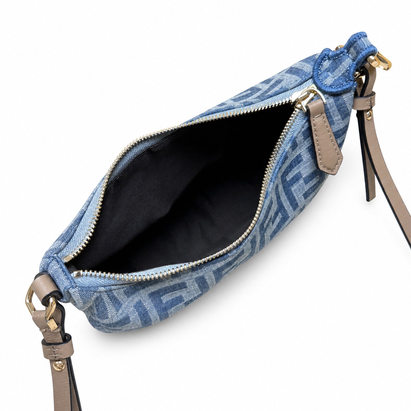 Fendi Mini Denim Leather Beige Blue Gold Hobo Bag