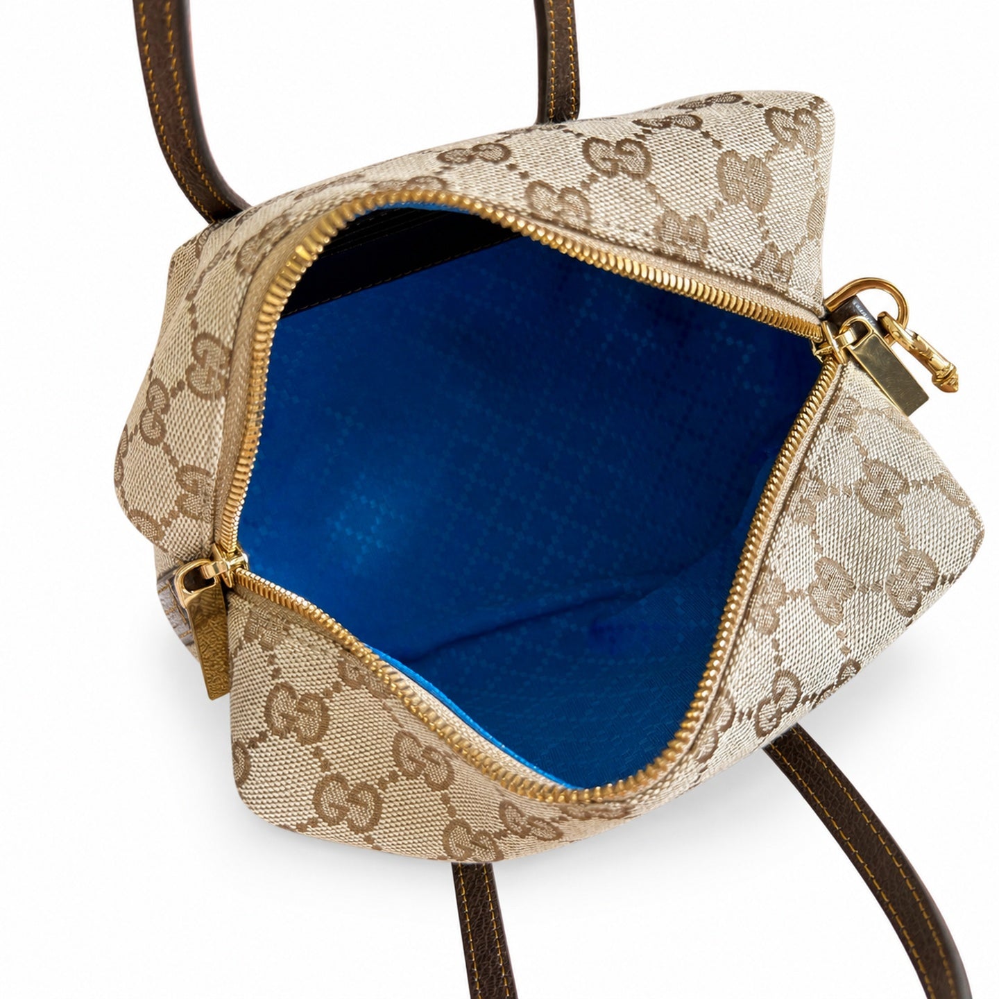 Gucci Small Denim Canvas Leather Brown Blue Boston Bag