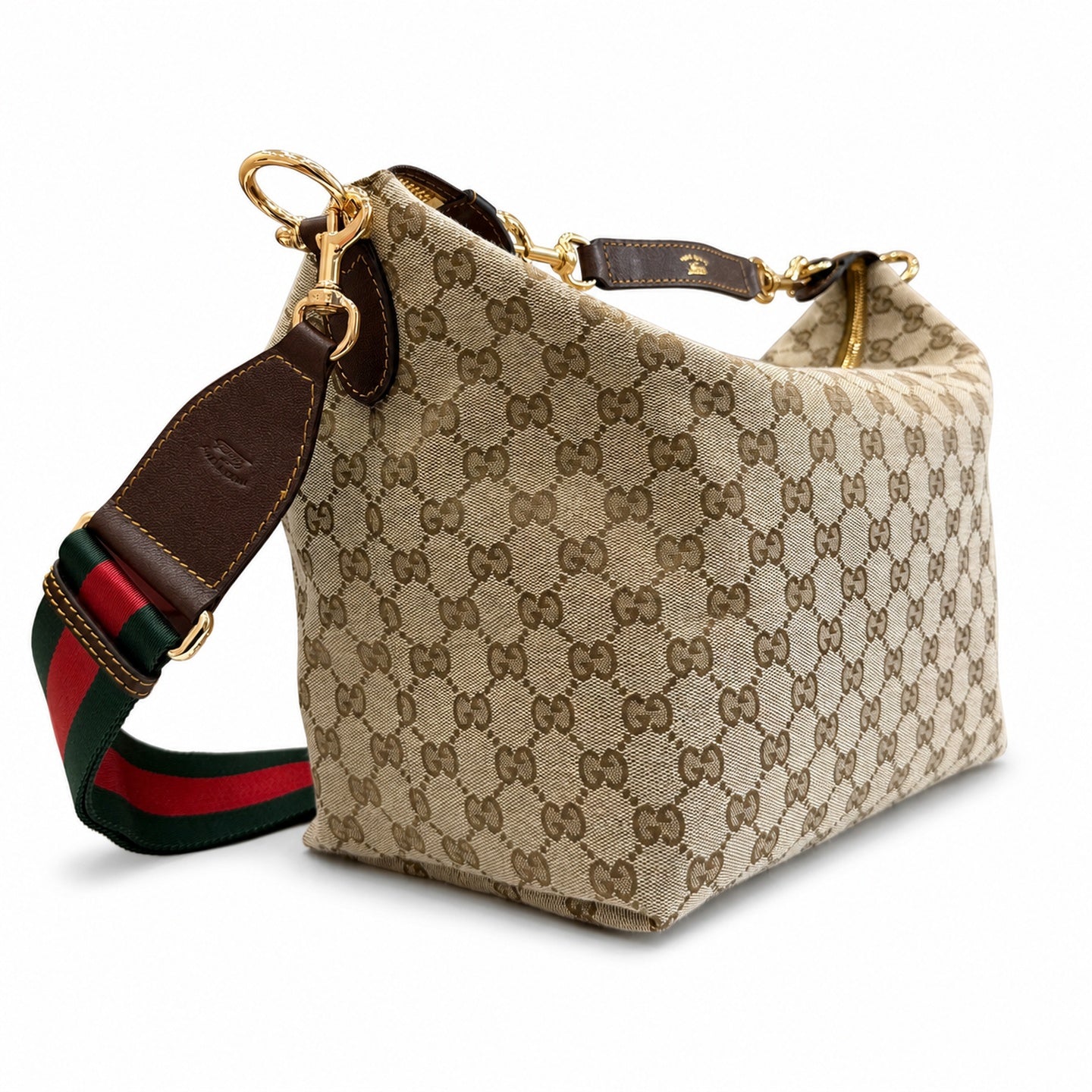 Gucci Double Zip Canvas Nylon Leather Brown Gold Handbag