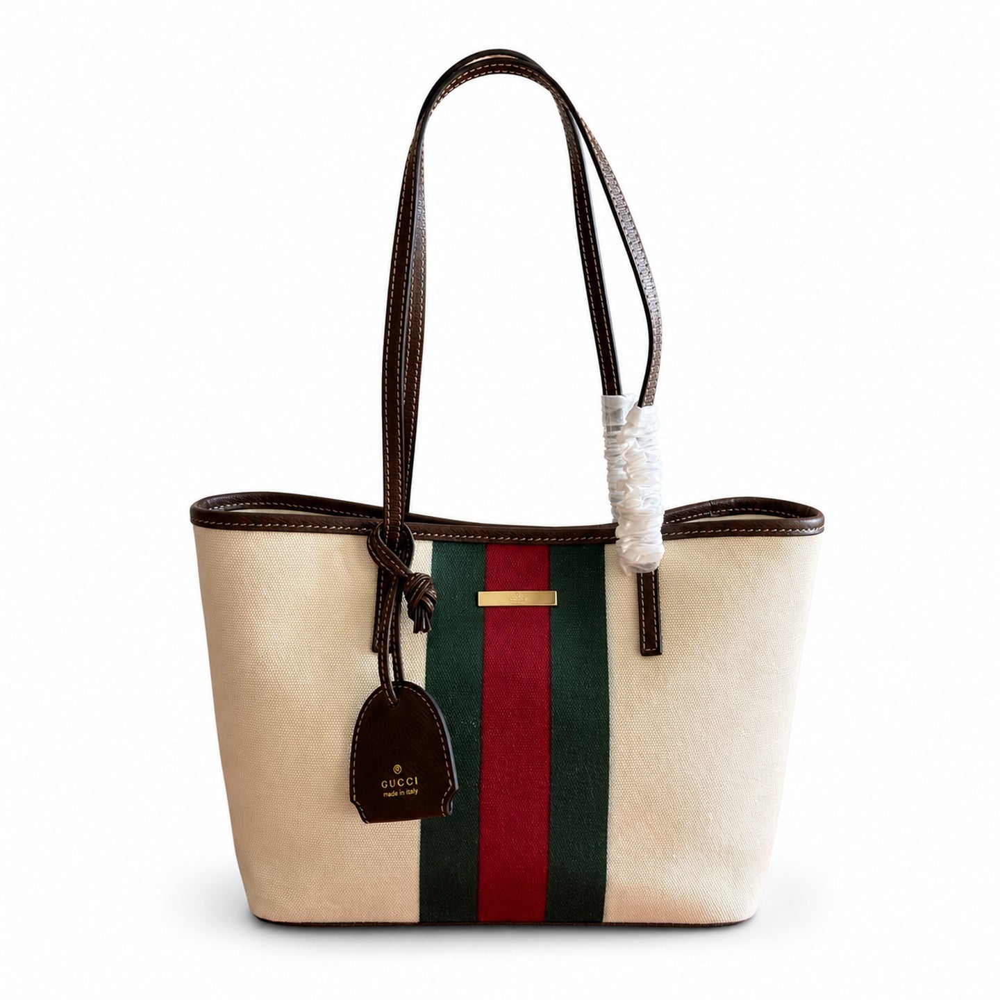 Gucci Cotton Canvas Leather Beige Brown Gold Charm