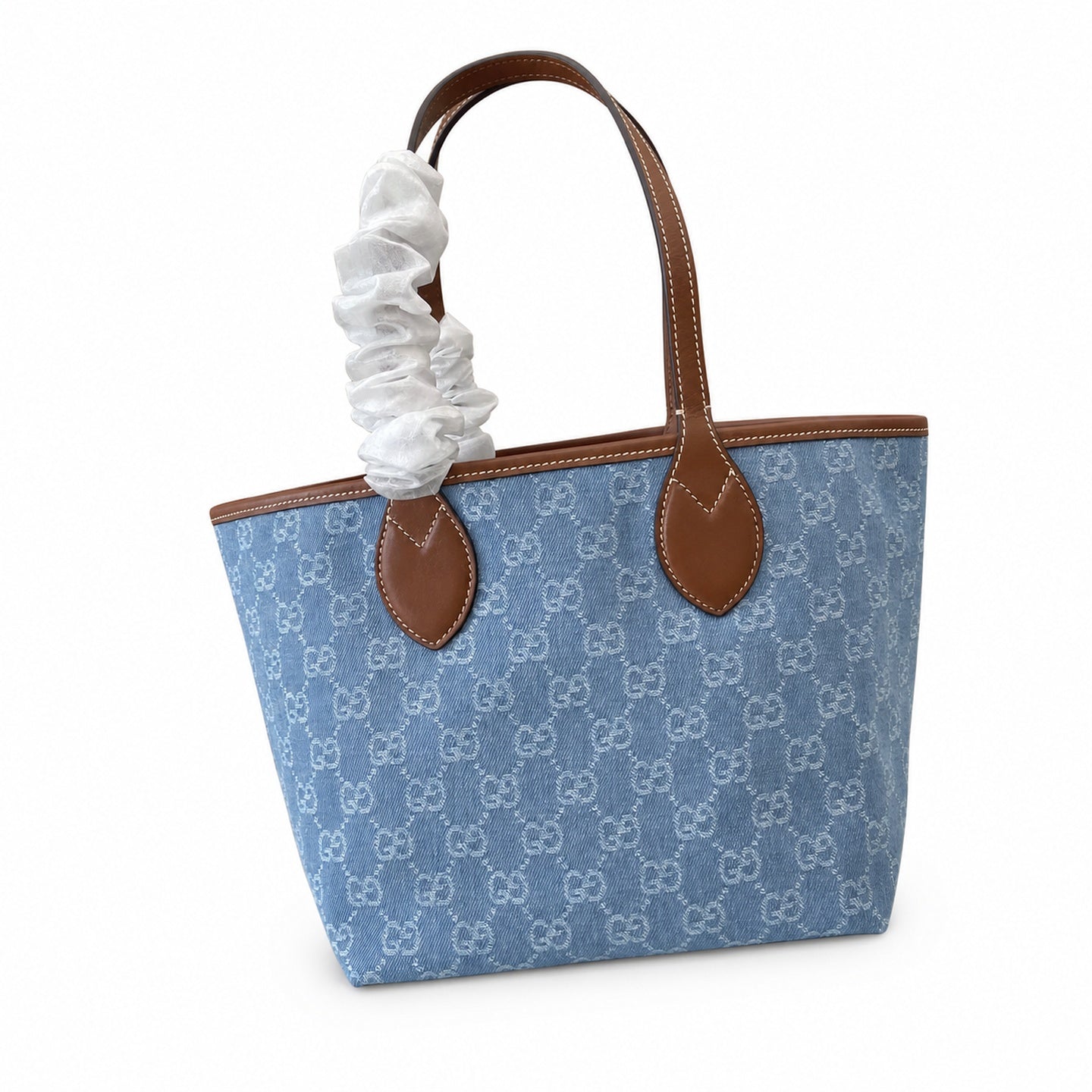 Gucci Denim Leather White Brown Blue Gold Tote Bag