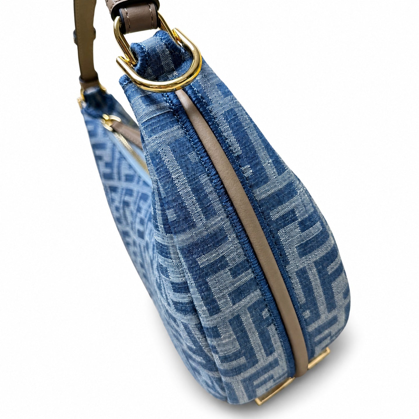 Fendi Fendigraphy Small Denim Leather Beige Blue Gold Hobo Bag