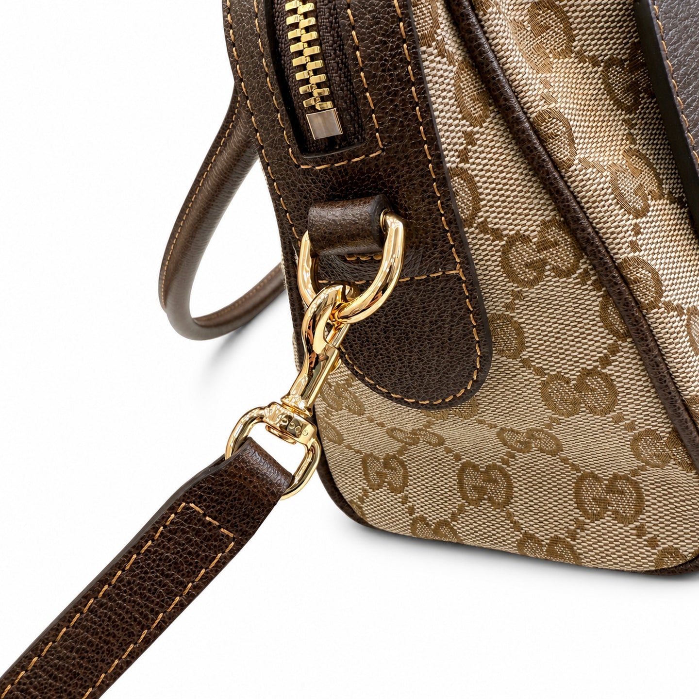 Gucci Horsebit Double Zip Canvas Leather Beige Brown Gold Handbag