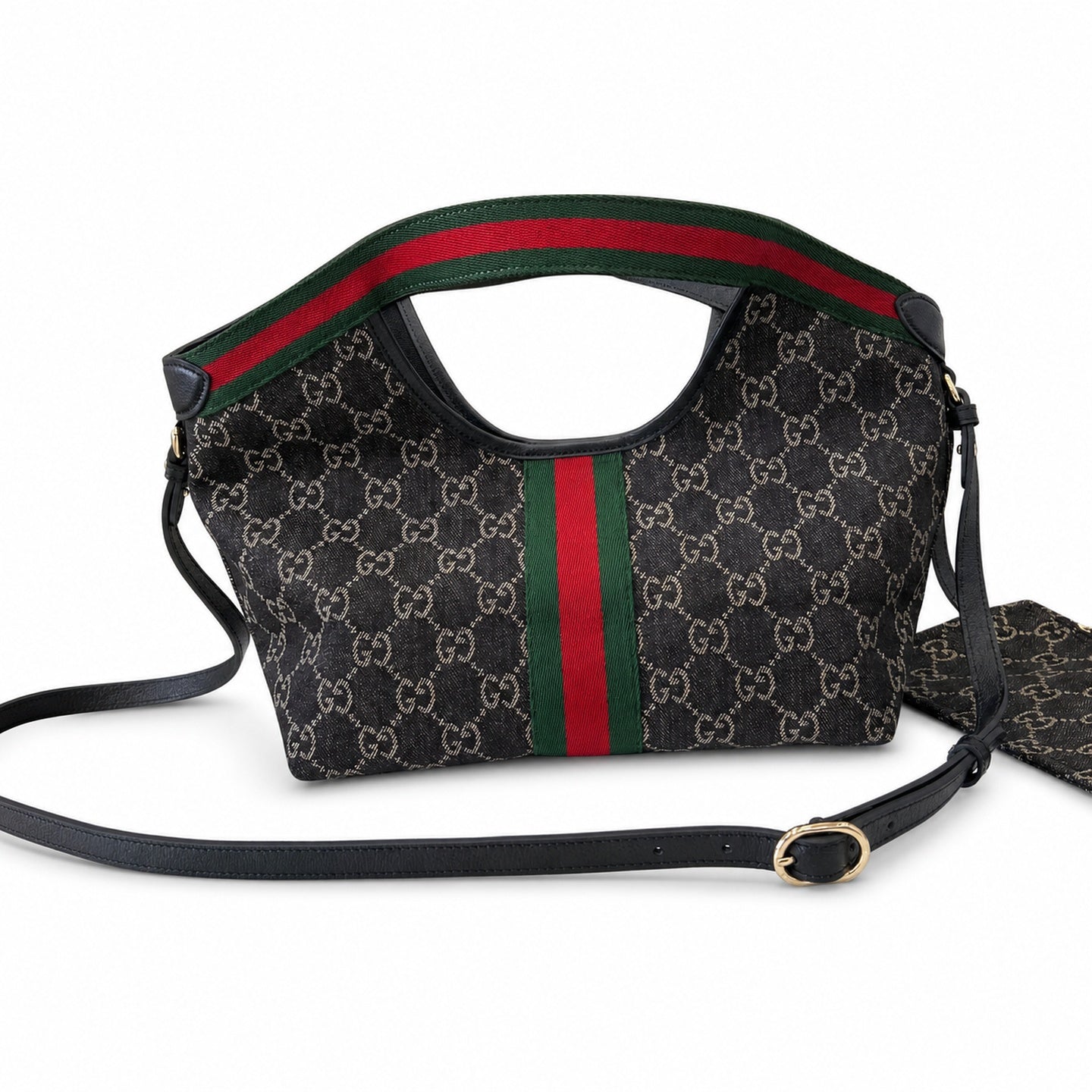 Gucci Giglio Small Cotton Denim Canvas Leather Black White Red Green Gold Tote Bag