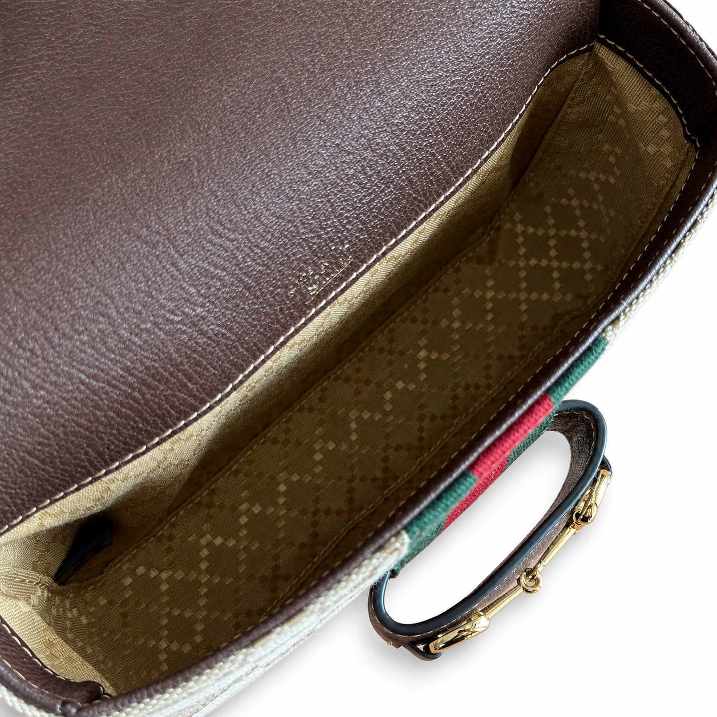 Gucci Horsebit 1955 Canvas Leather Beige Brown Gold Bag