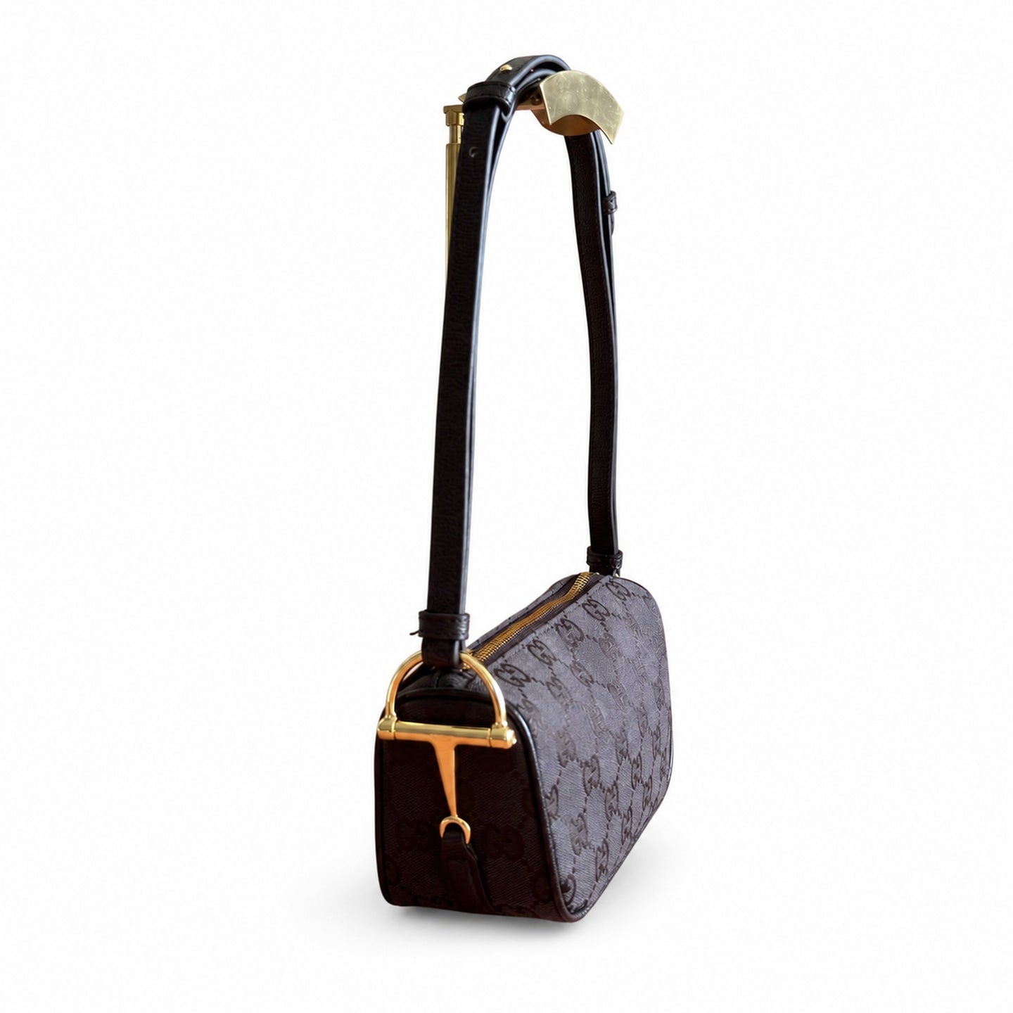 Gucci Horsebit Mini Cotton Canvas Leather Brown Gold Bag