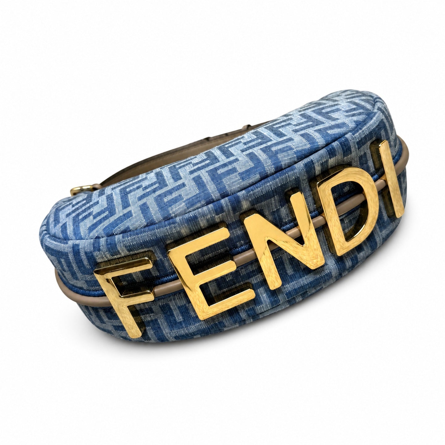 Fendi Fendigraphy Small Denim Leather Beige Blue Gold Hobo Bag