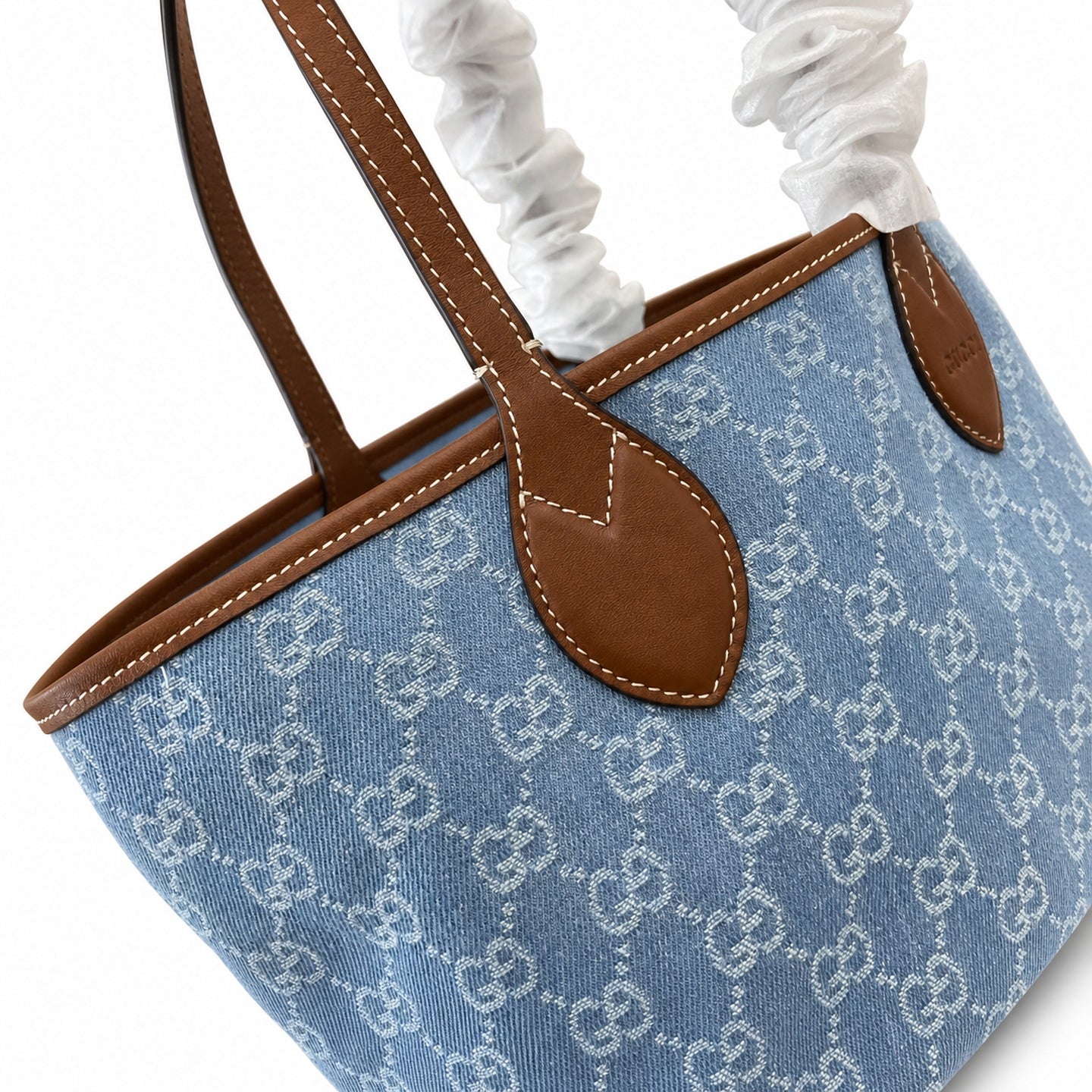 Gucci Denim Leather White Brown Blue Gold Tote Bag