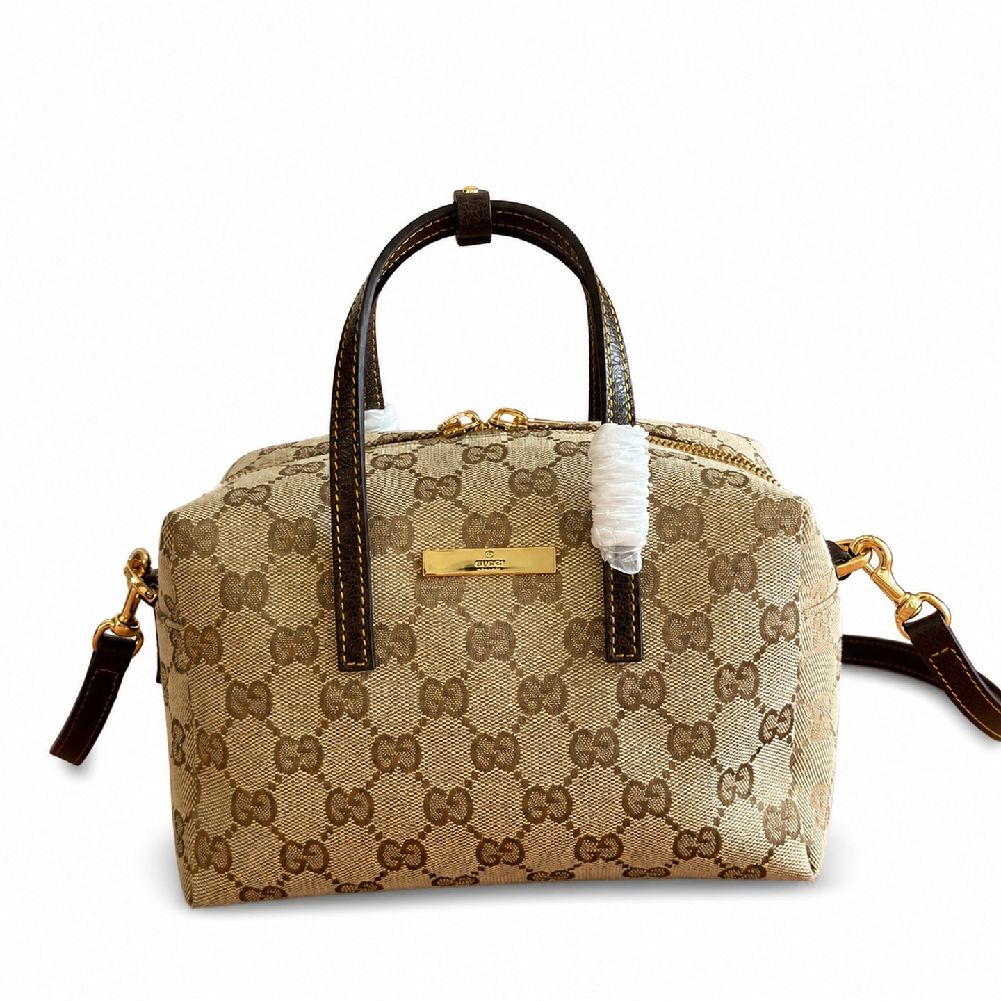 Gucci Small Denim Canvas Leather Brown Blue Boston Bag