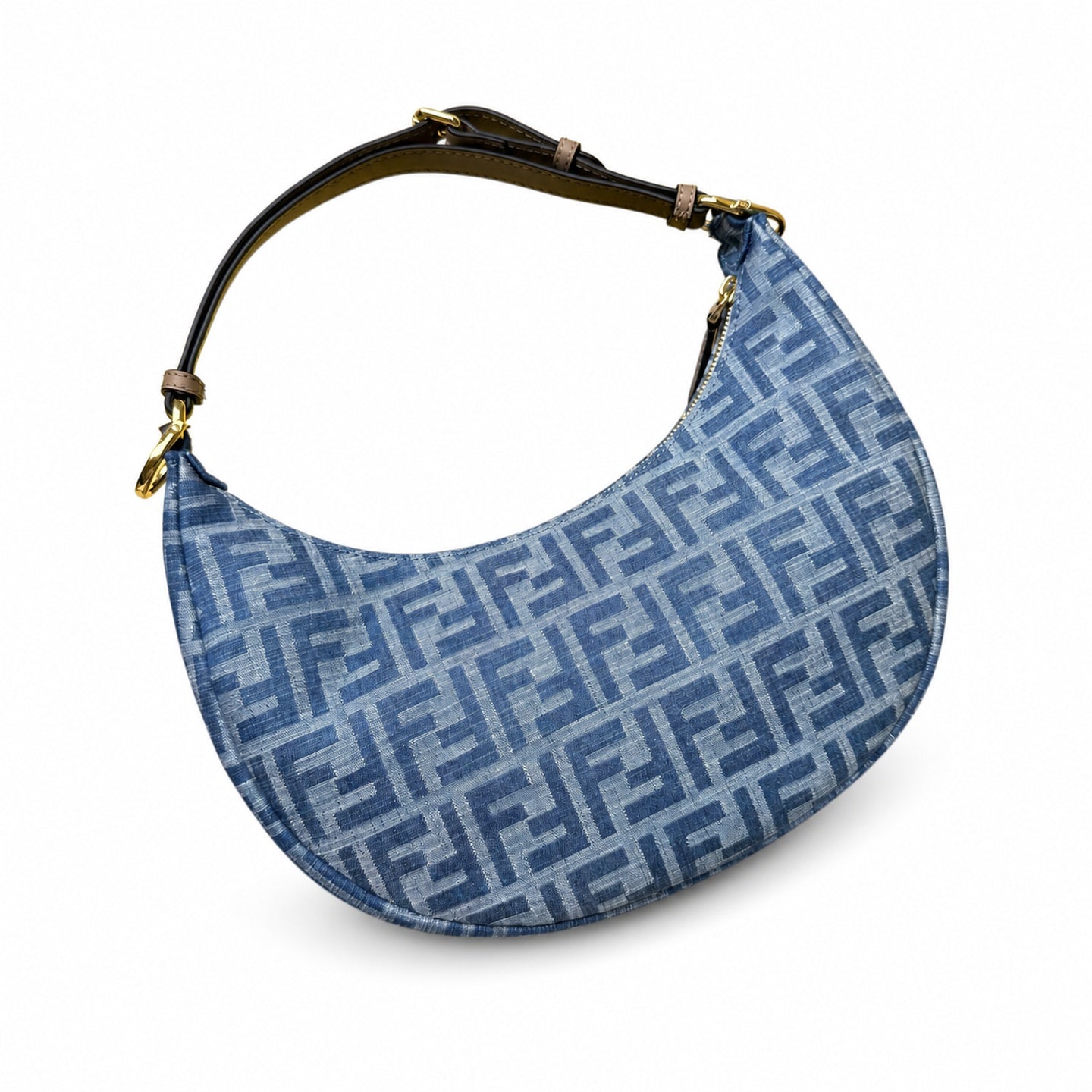 Fendi Fendigraphy Small Denim Leather Beige Blue Gold Hobo Bag