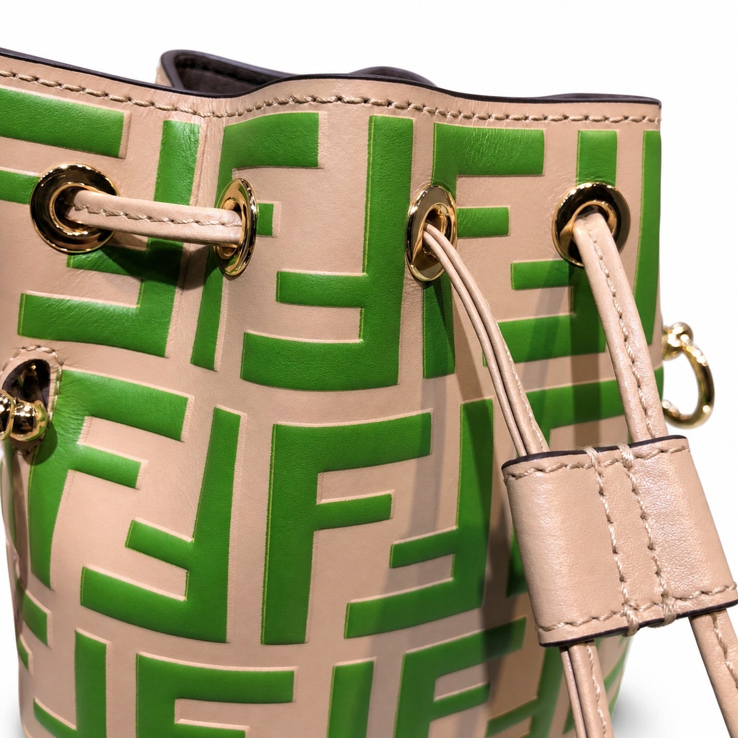 Fendi Mon Tresor Small Leather Beige Green Gold Bucket Bag