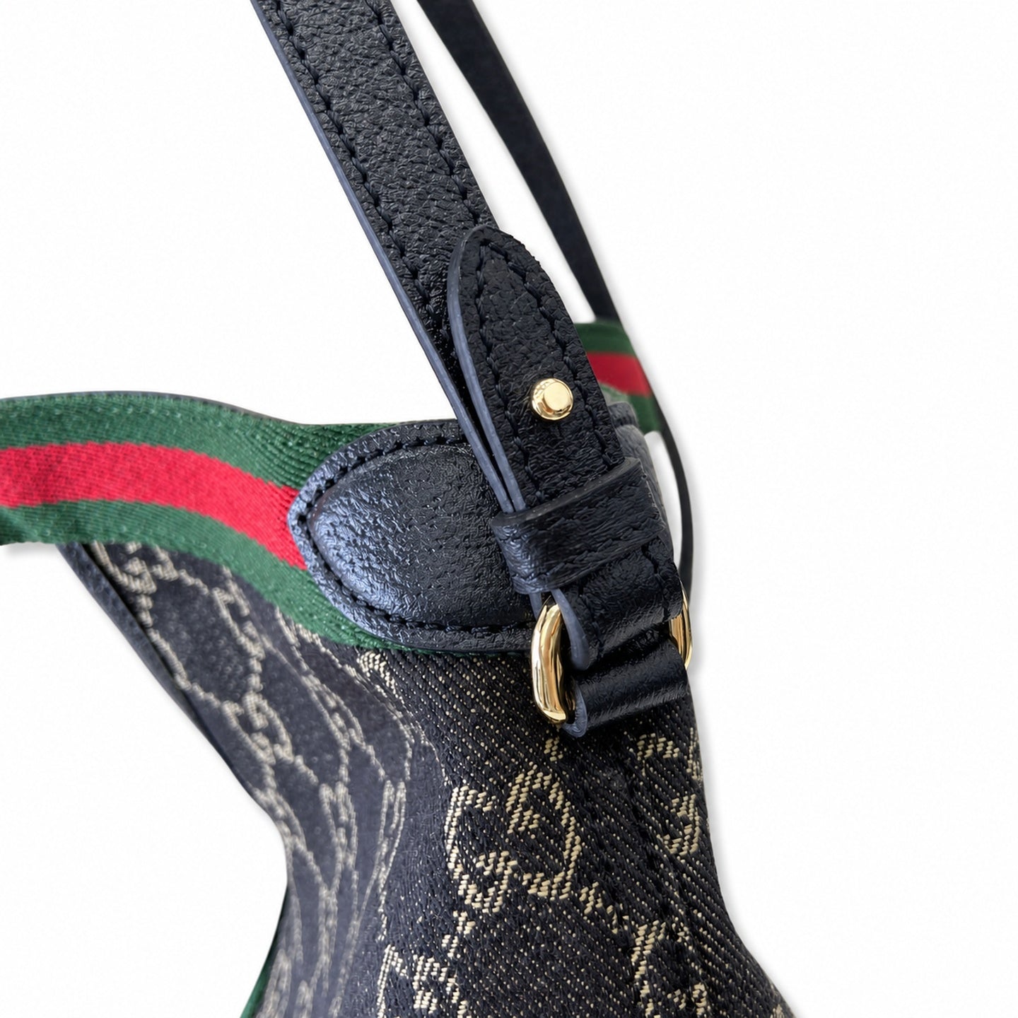 Gucci Giglio Small Cotton Denim Canvas Leather Black White Red Green Gold Tote Bag