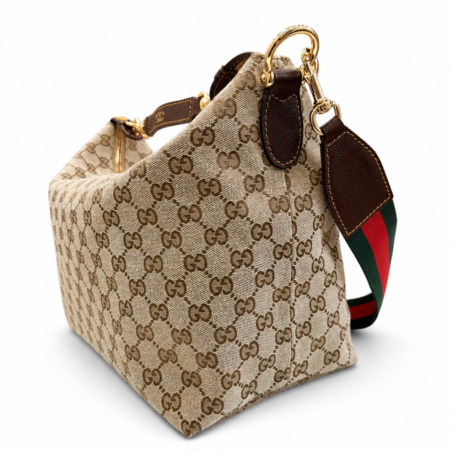 Gucci Double Zip Canvas Nylon Leather Brown Gold Handbag