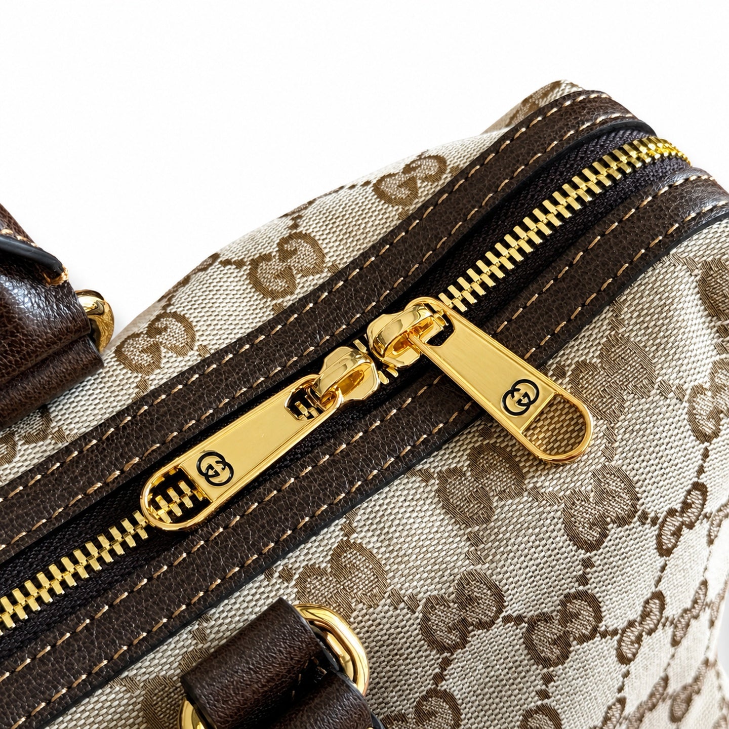 Gucci Horsebit Double Zip Canvas Leather Black Brown Gold Handbag