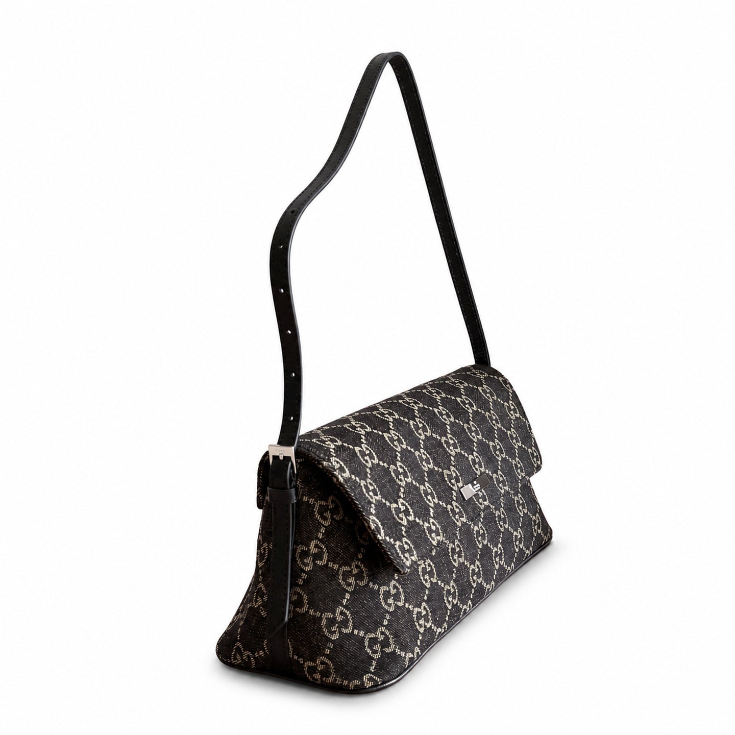 Gucci Denim Nylon Leather Black Blue Shoulder Bag