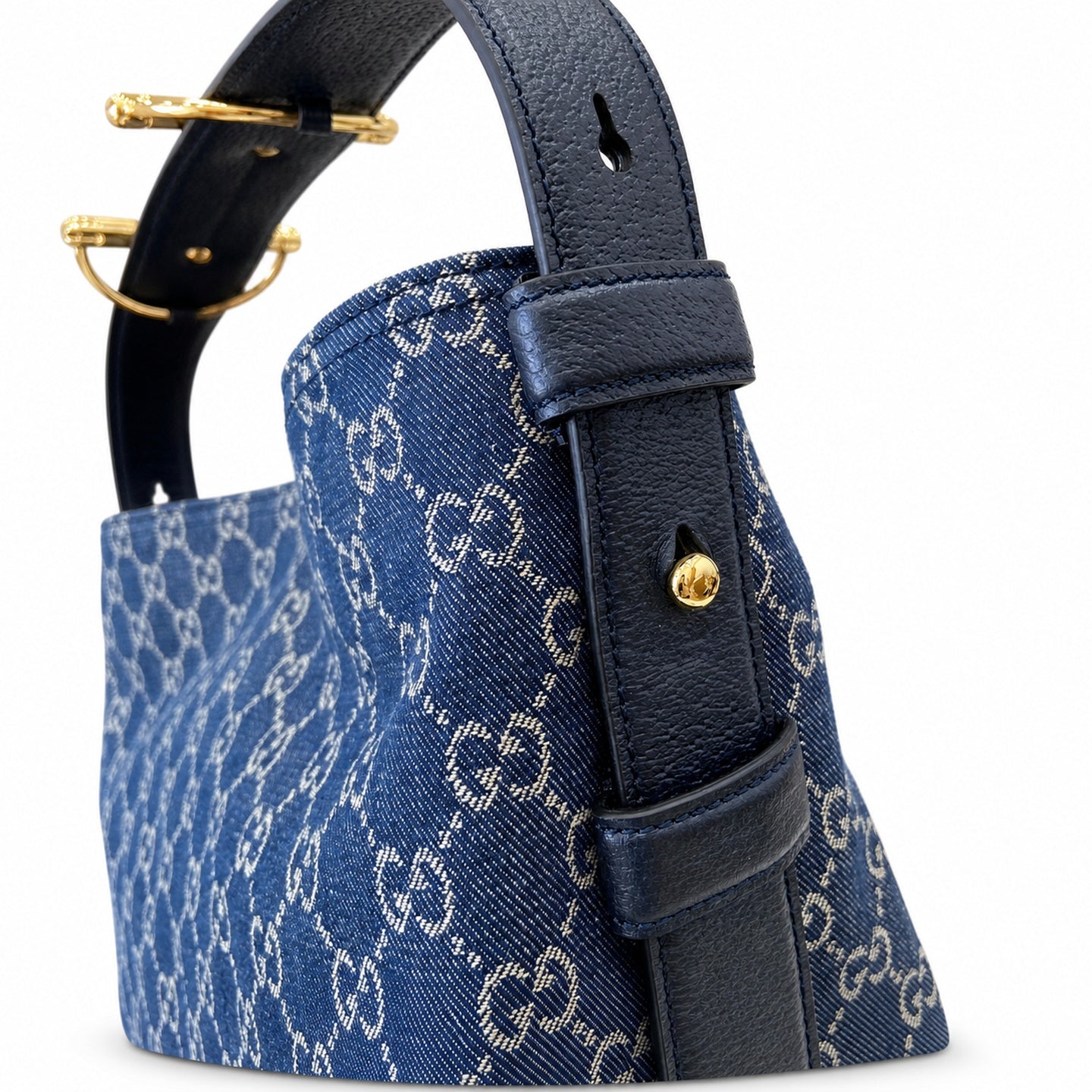 Gucci Horsebit Cotton Denim Canvas Leather White Brown Blue Gold Handbag