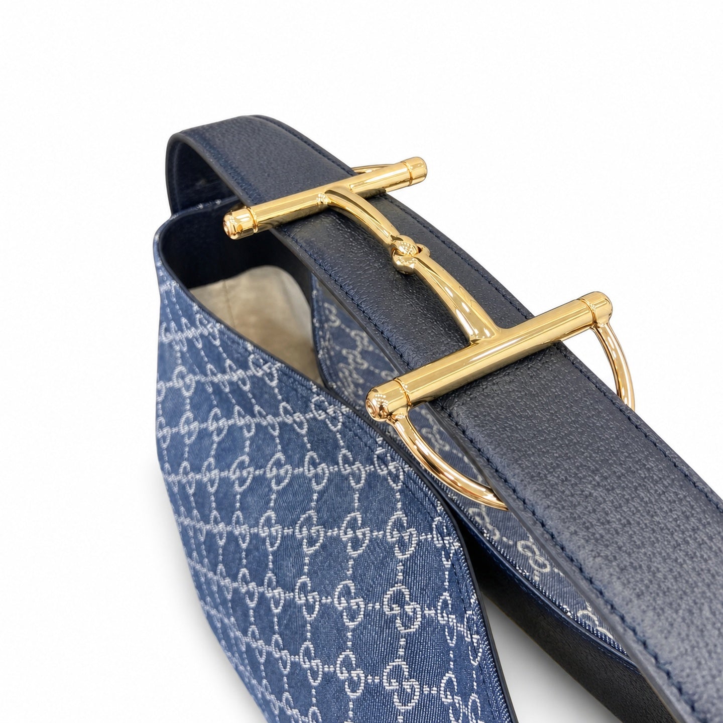 Gucci Horsebit Cotton Denim Canvas Leather White Brown Blue Gold Handbag