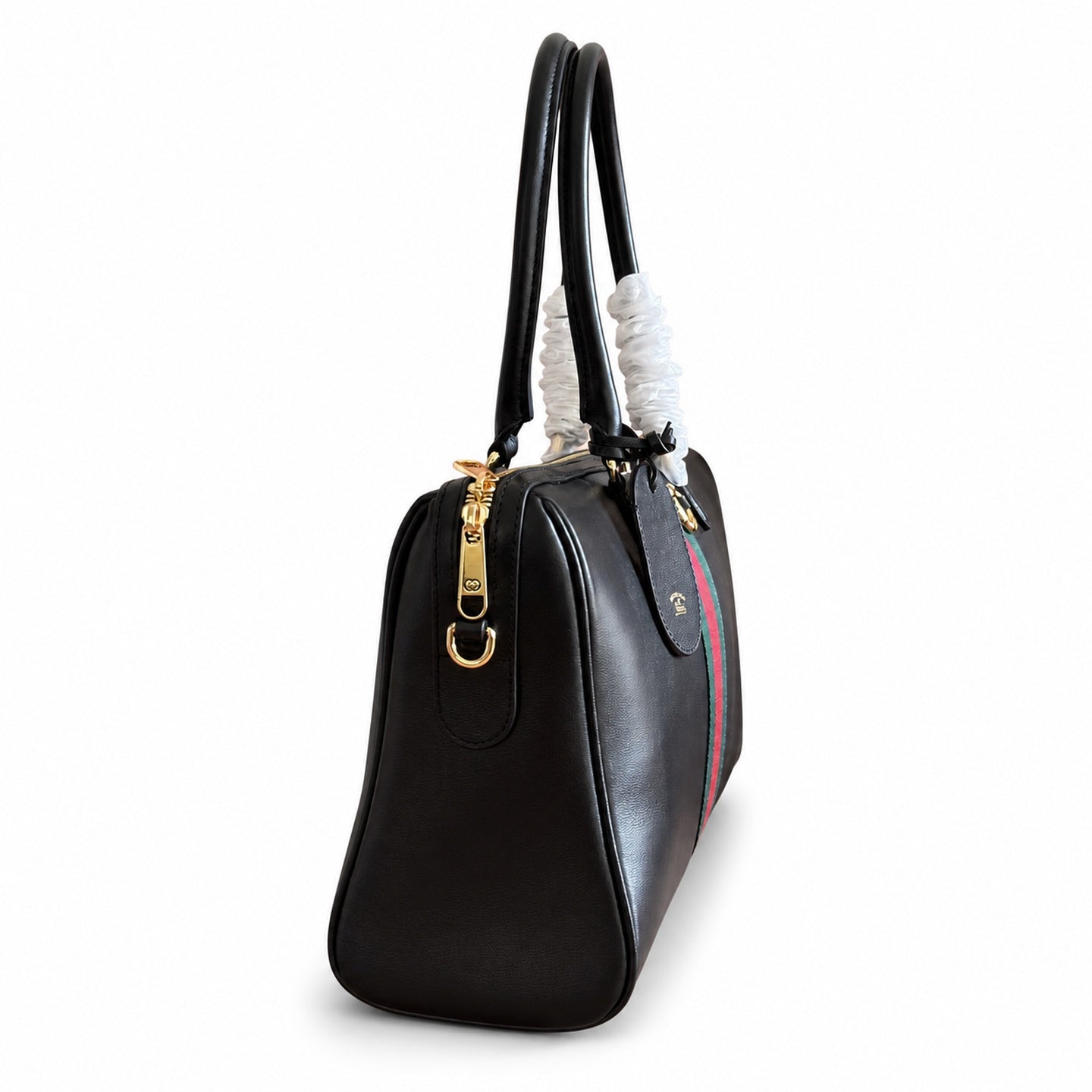Gucci Horsebit Double Zip Canvas Leather Black Gold Handbag