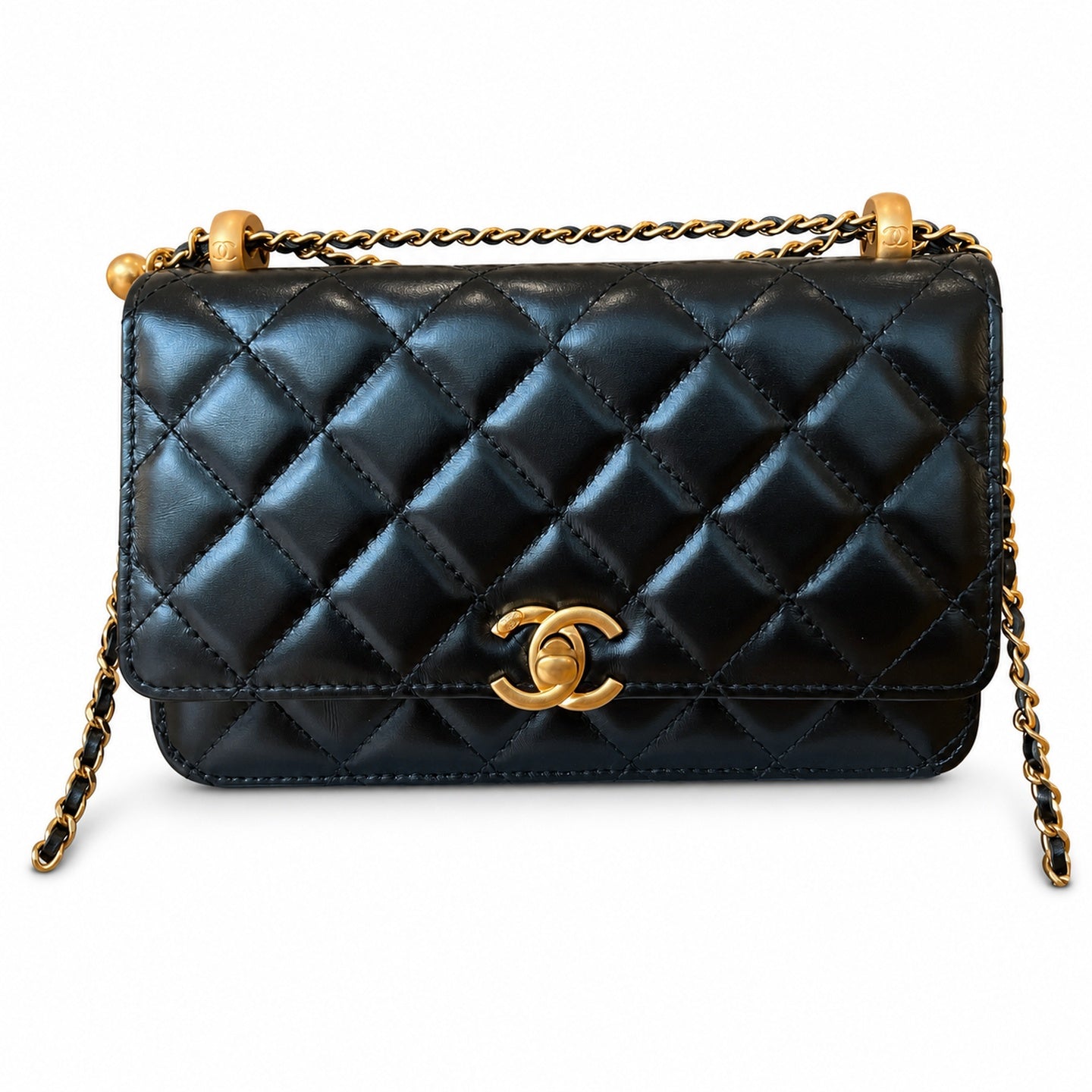Chanel Small Leather Black Gold Wallet on Chain