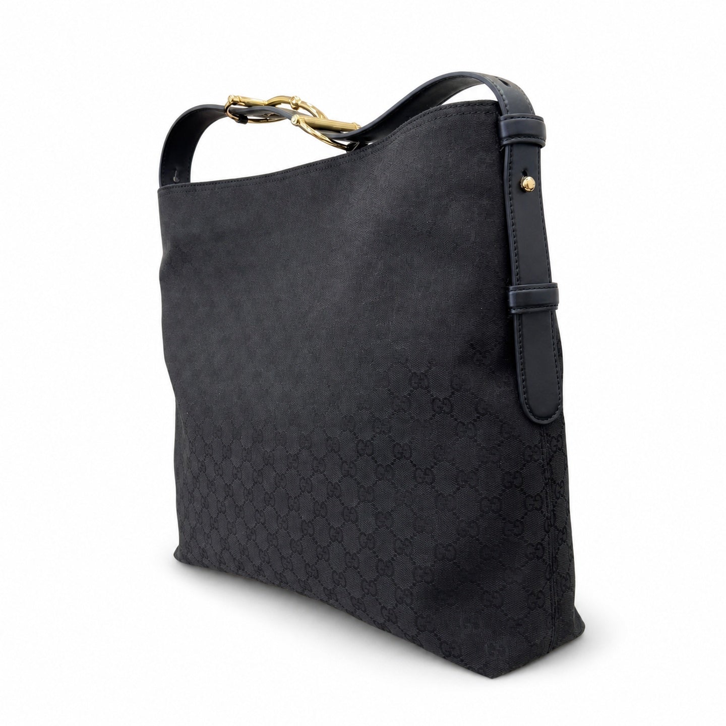 Gucci Horsebit Cotton Canvas Leather Black Beige Gold Handbag