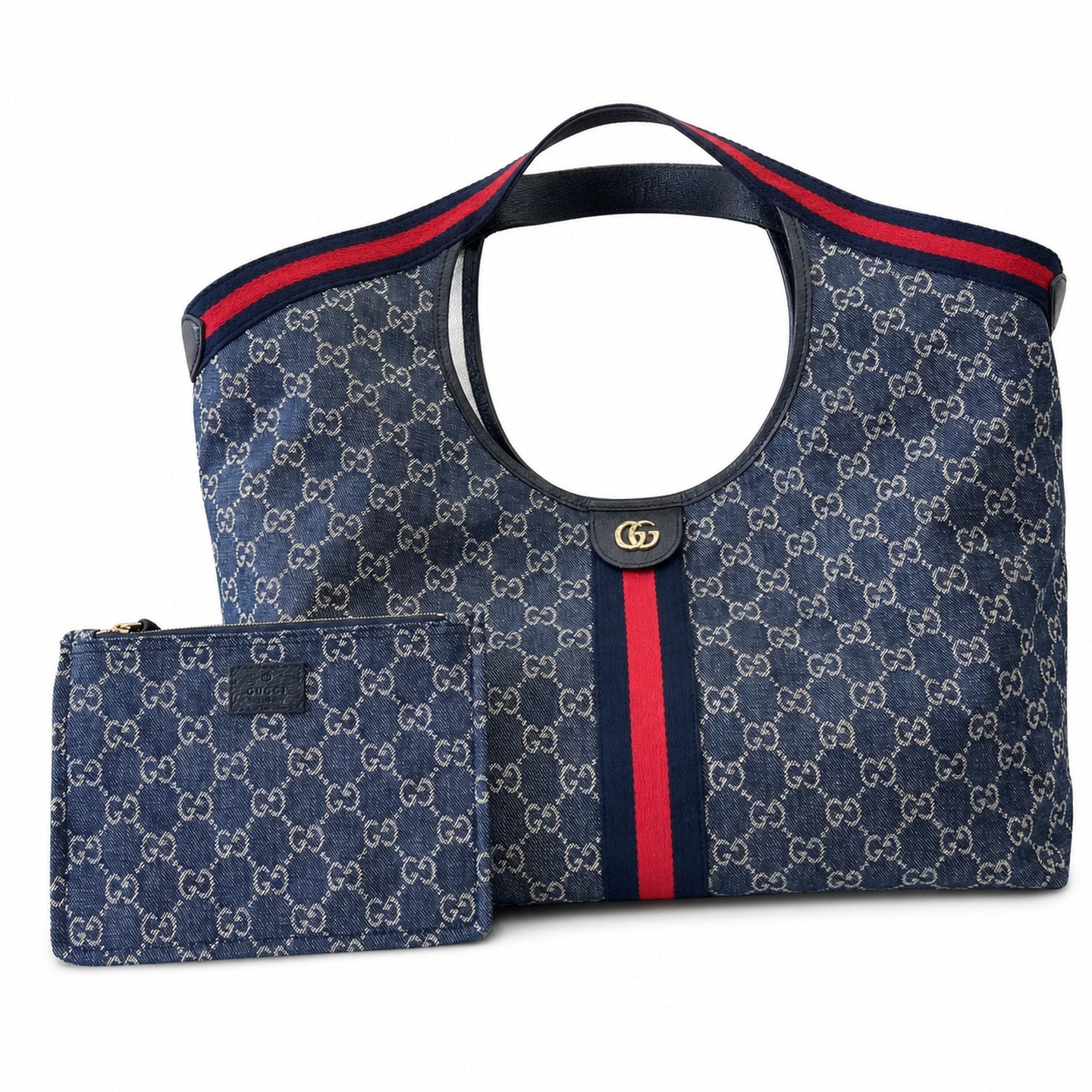 Gucci Giglio Cotton Denim Leather White Brown Red Blue Gold Tote Bag