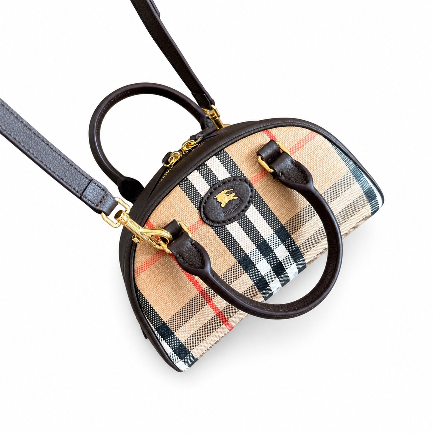 Burberry Highlands Mini Cotton Jacquard Leather Check Bowling Bag