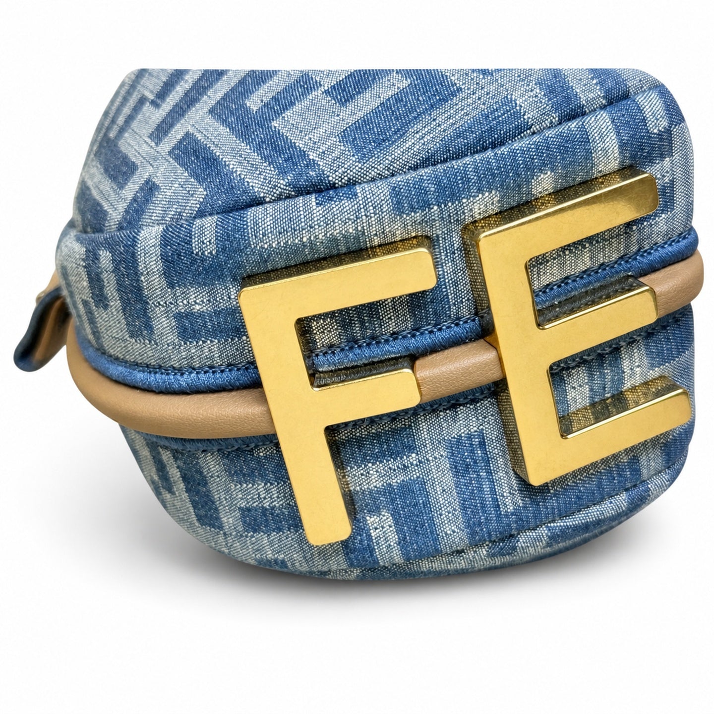 Fendi Mini Denim Leather Beige Blue Gold Hobo Bag